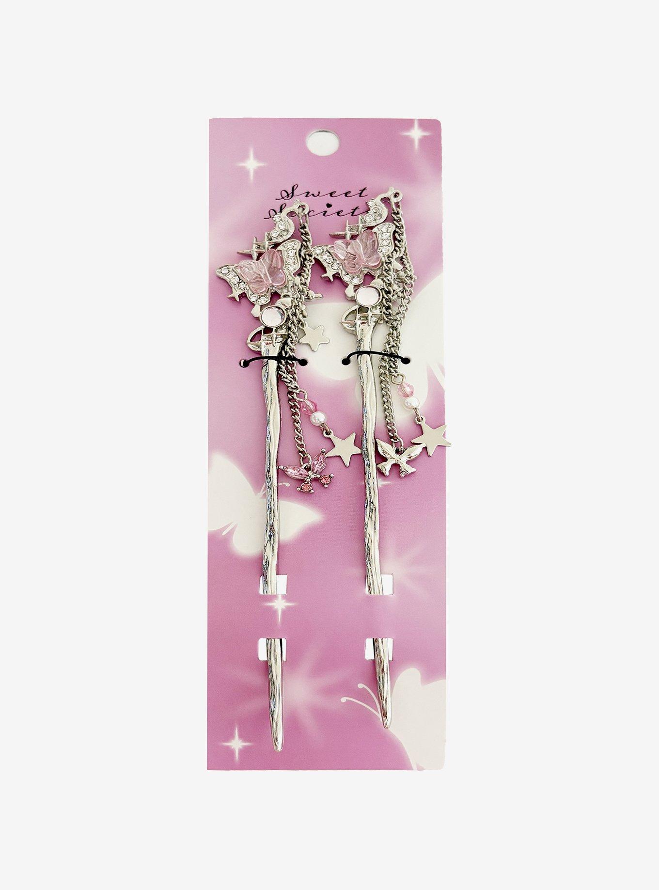 Sweet Society Pink Butterfly Gem Star Hair Stick Set, , hi-res