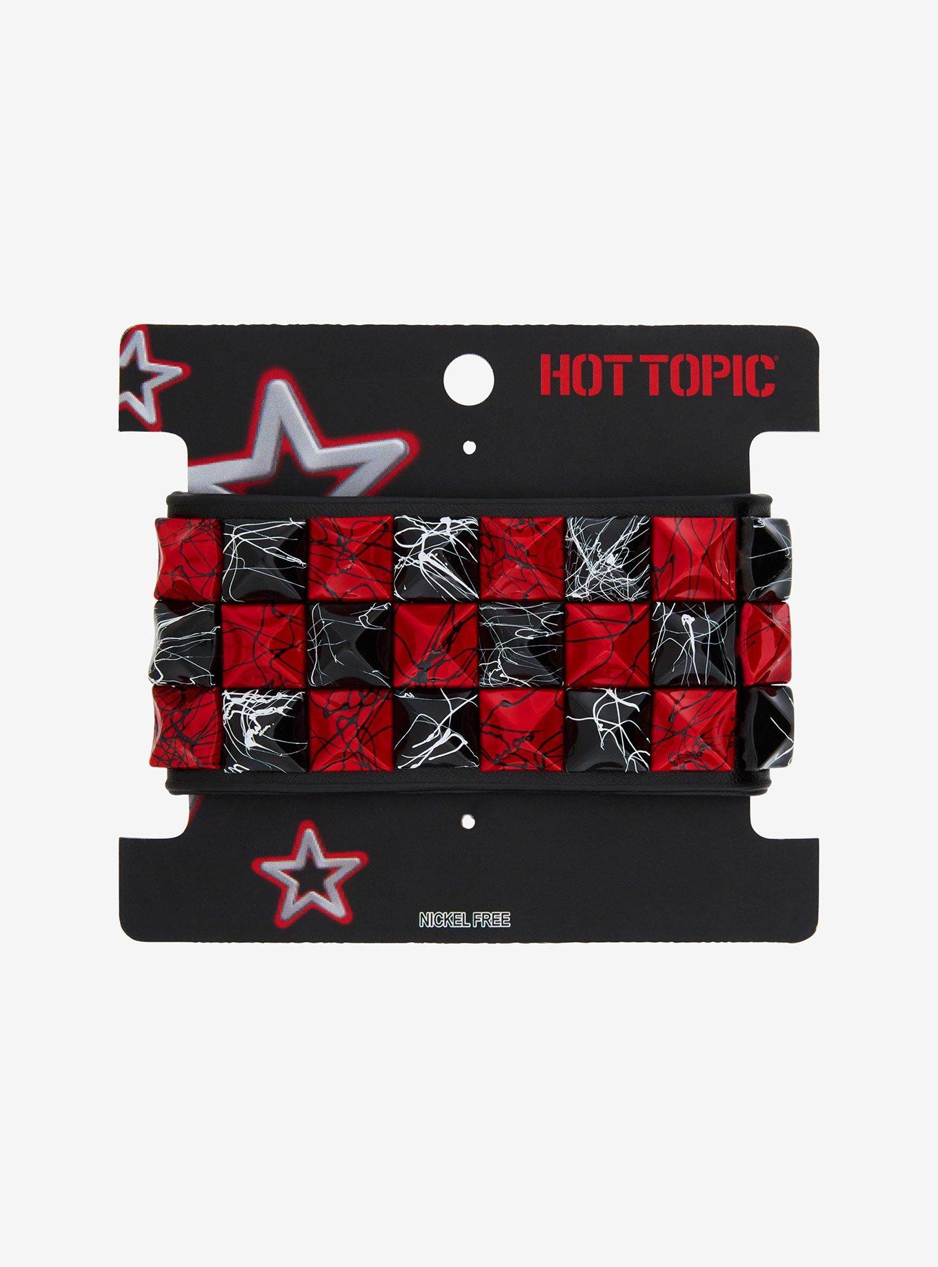 Red & Black Splatter Pyramid Stud Cuff Bracelet, , hi-res