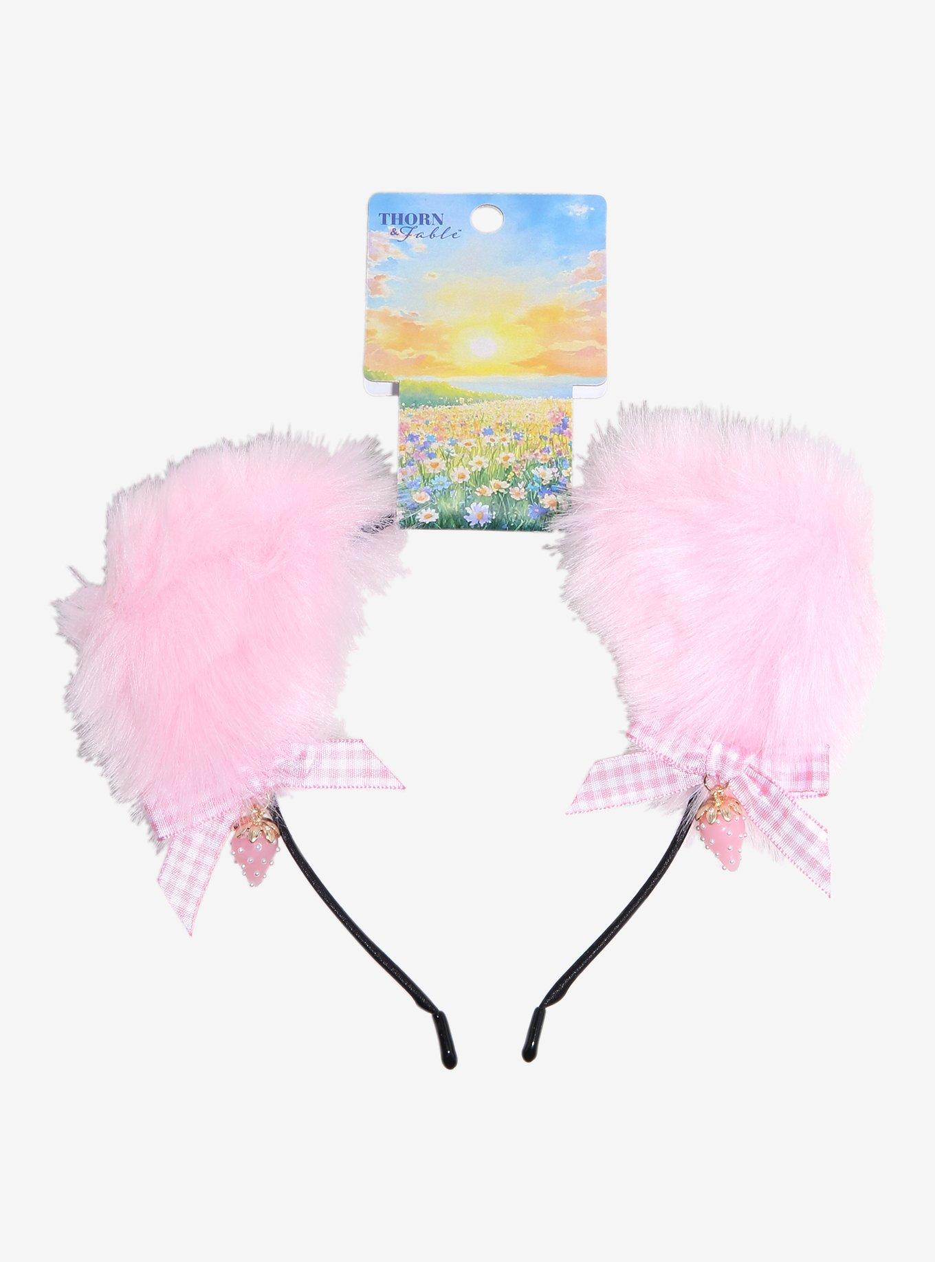Thorn & Fable Pink Cat Strawberry Bow Headband, , hi-res