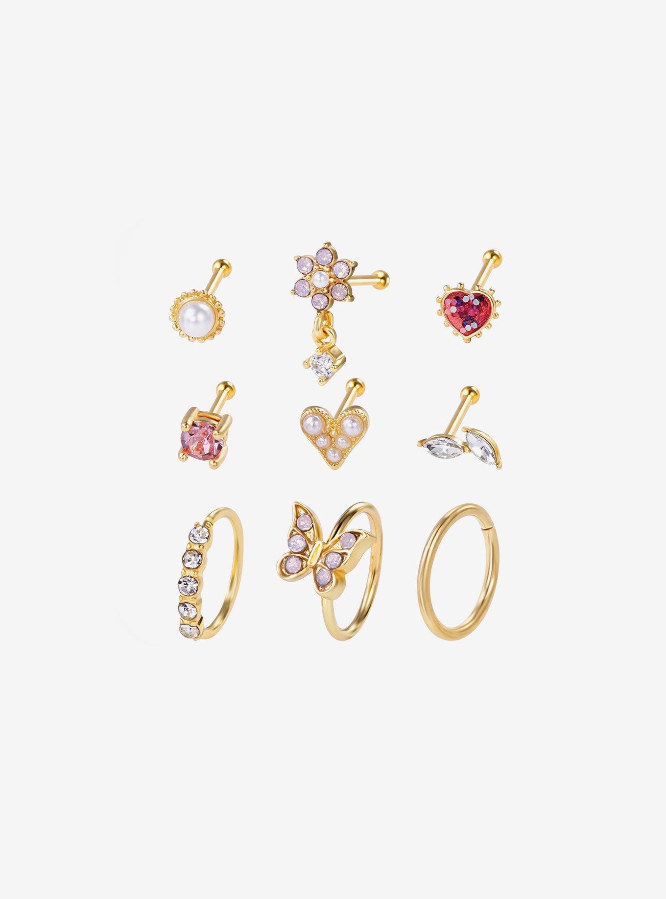 Steel Butterfly Flower Nose Stud 9 Pack, , hi-res