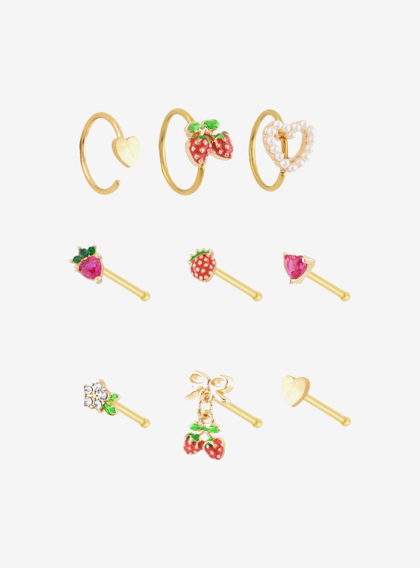 Steel Gold Strawberry Heart Nose Stud & Hoop 9 Pack, , hi-res