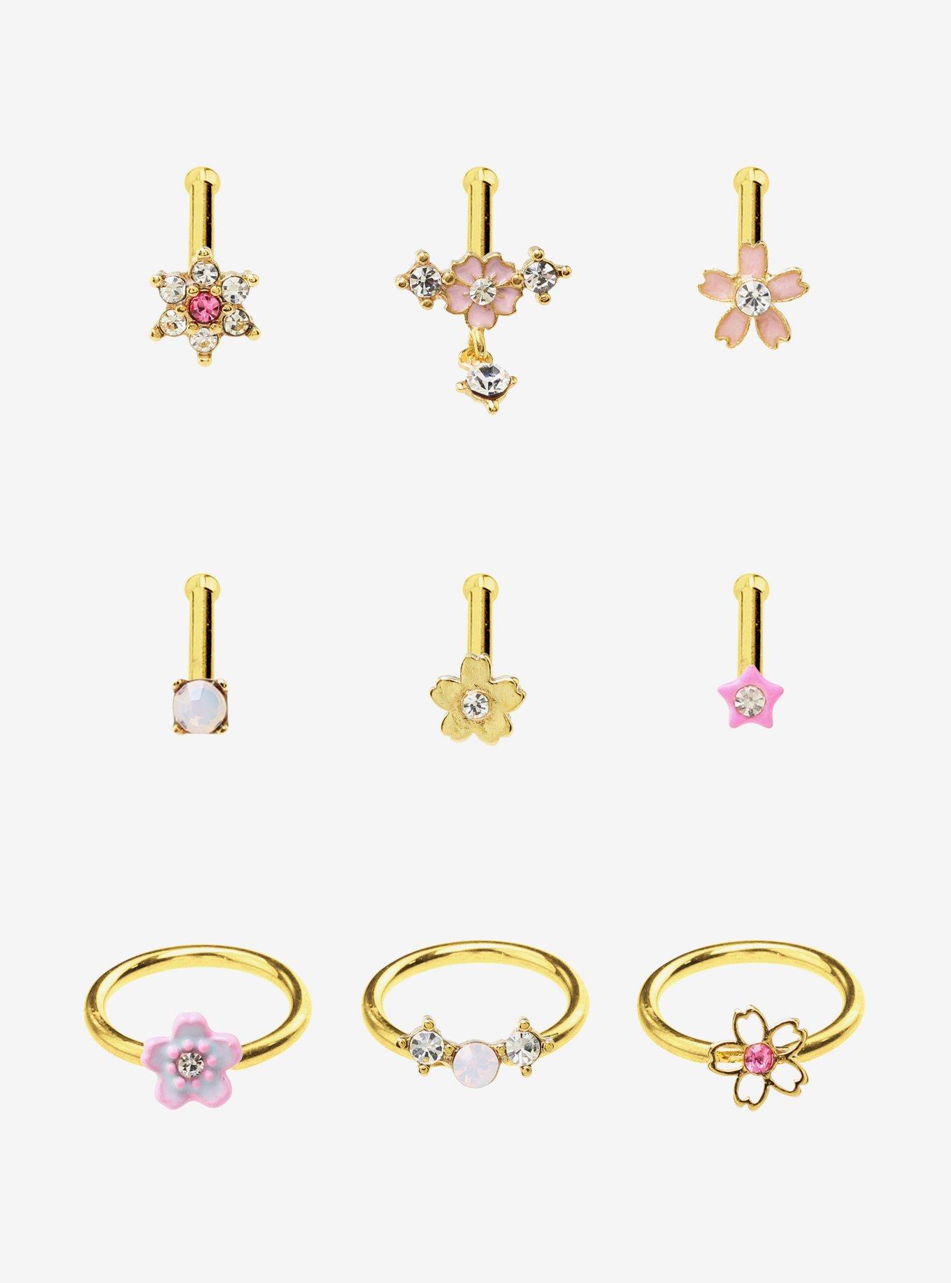 Steel Gold Sakura Nose Stud & Hoop 9 Pack, , hi-res