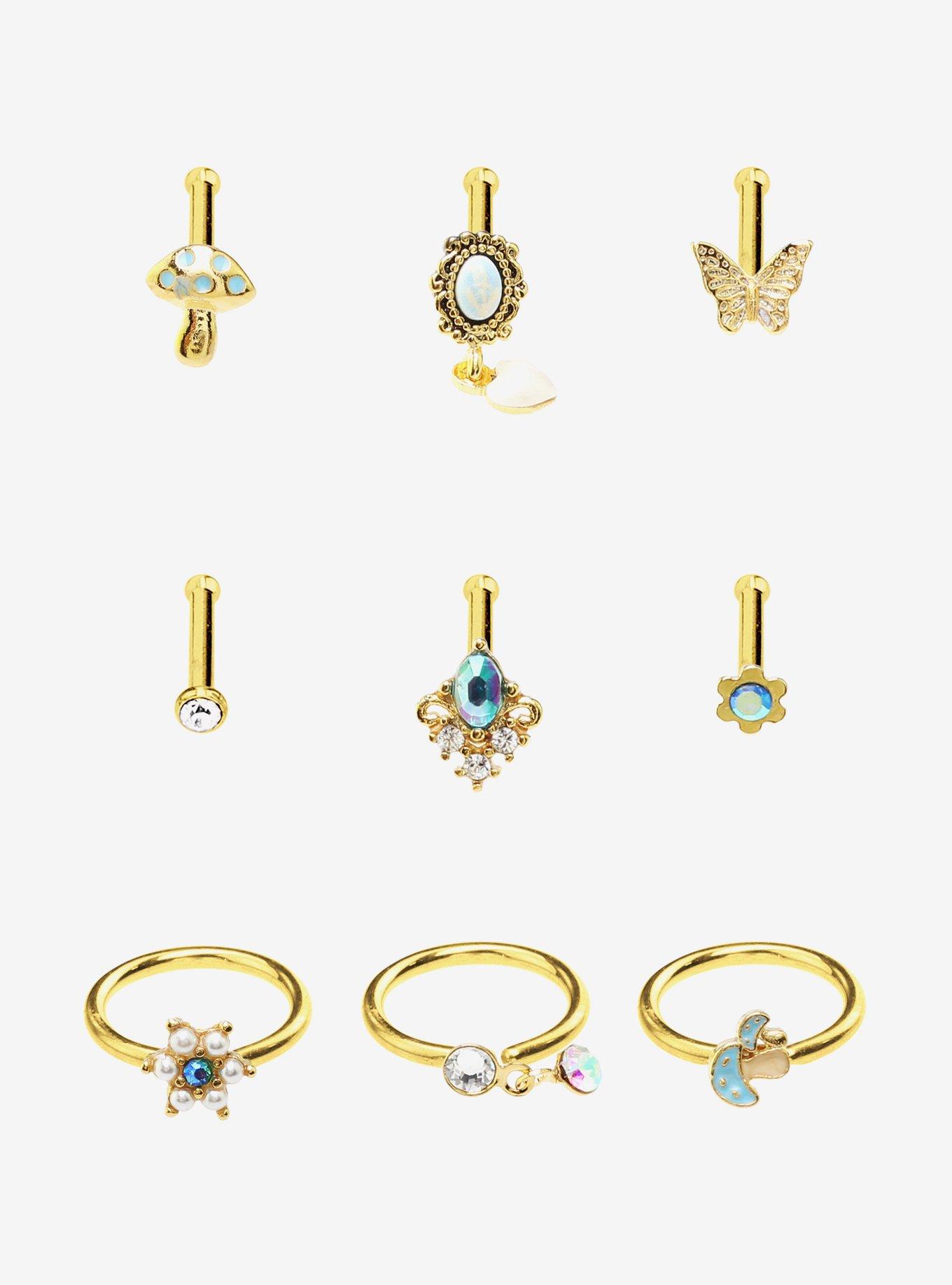 Steel Gold Butterfly & Mushroom Nose Stud & Hoop 9 Pack, , hi-res