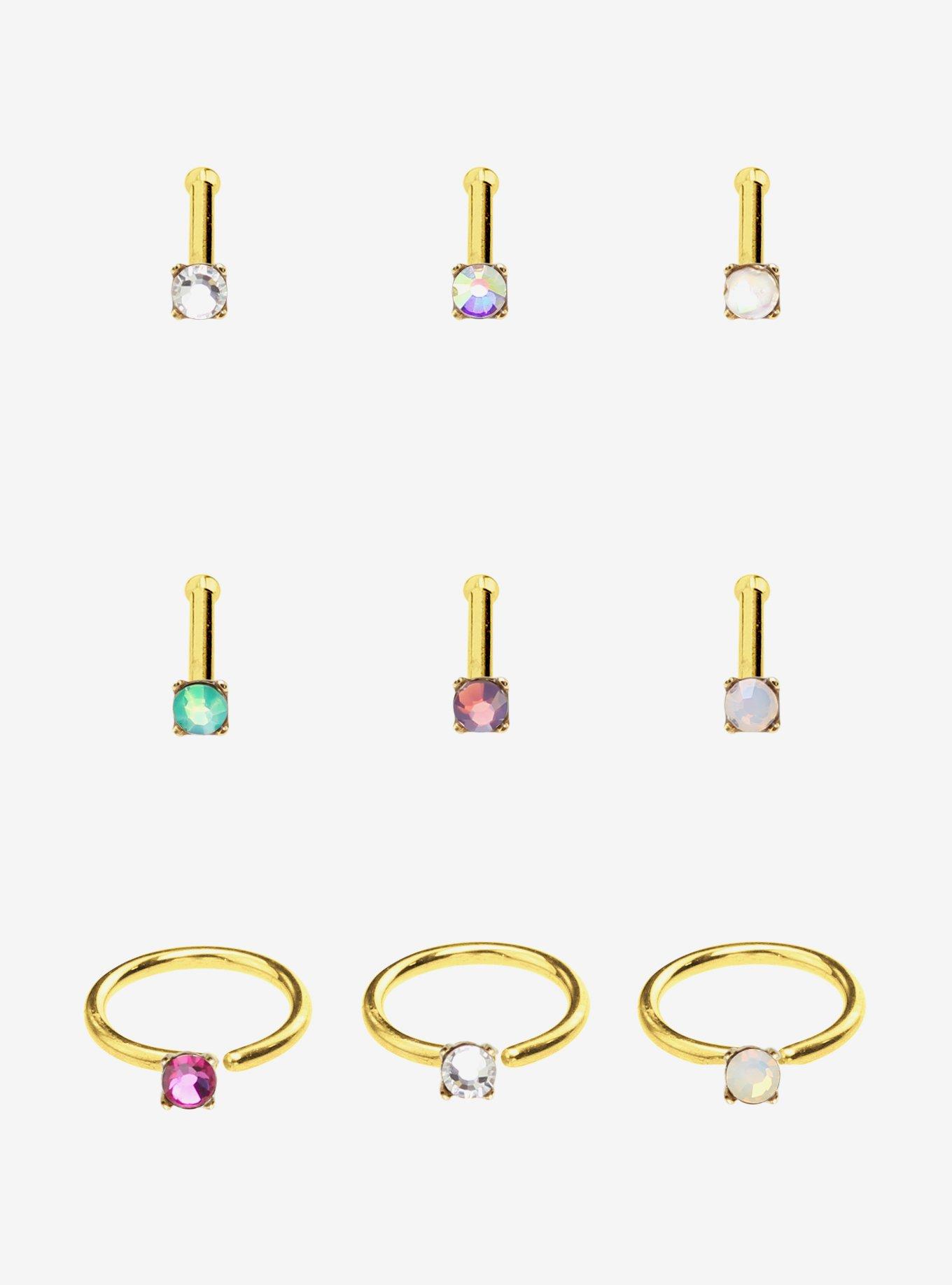 Steel Gold Opalite & Iridescent Gem Nose Stud & Hoop 9 Pack, , hi-res