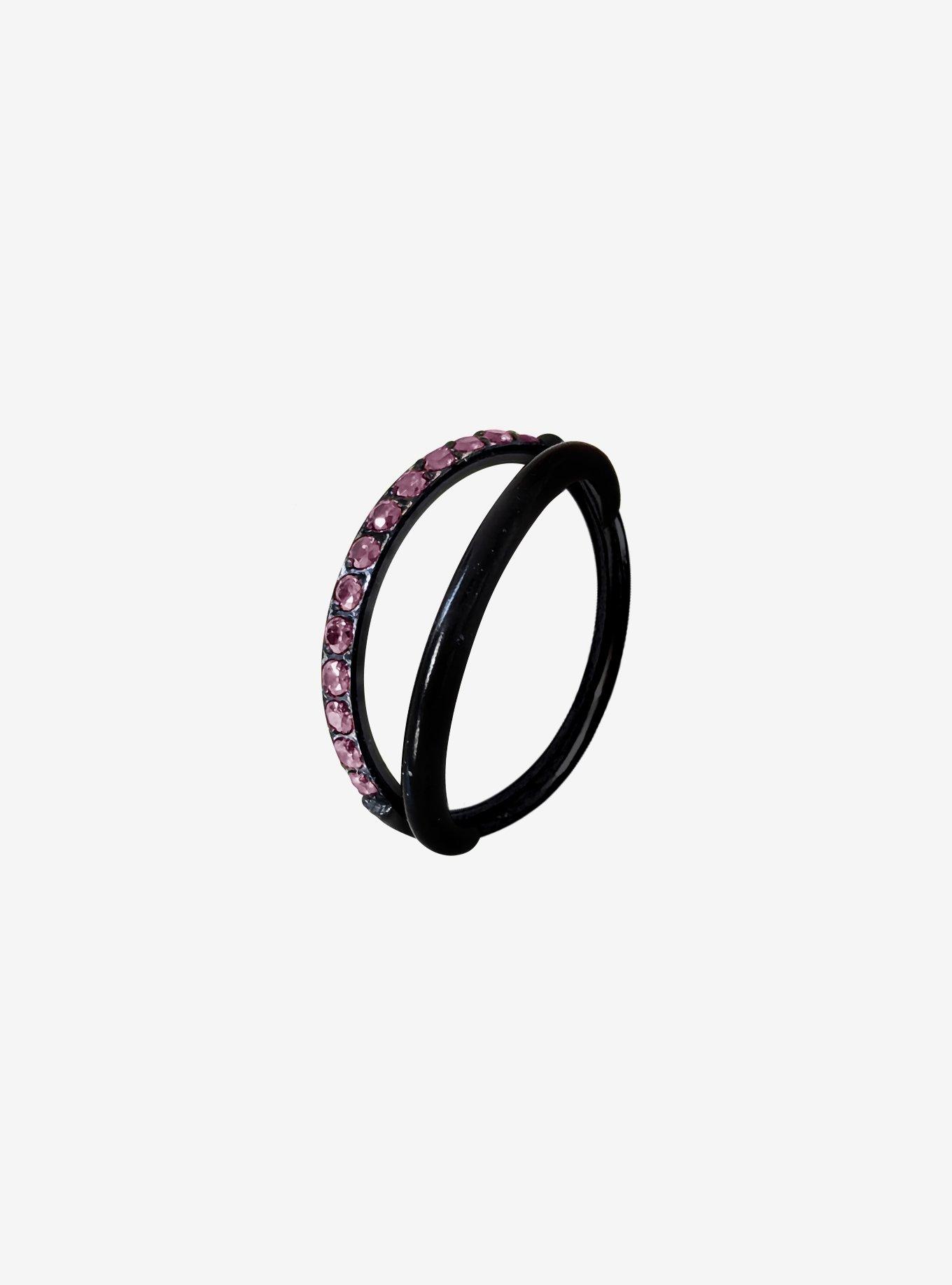 Steel Black Pink CZ Gem Double Hoop Hinged Clicker, , hi-res