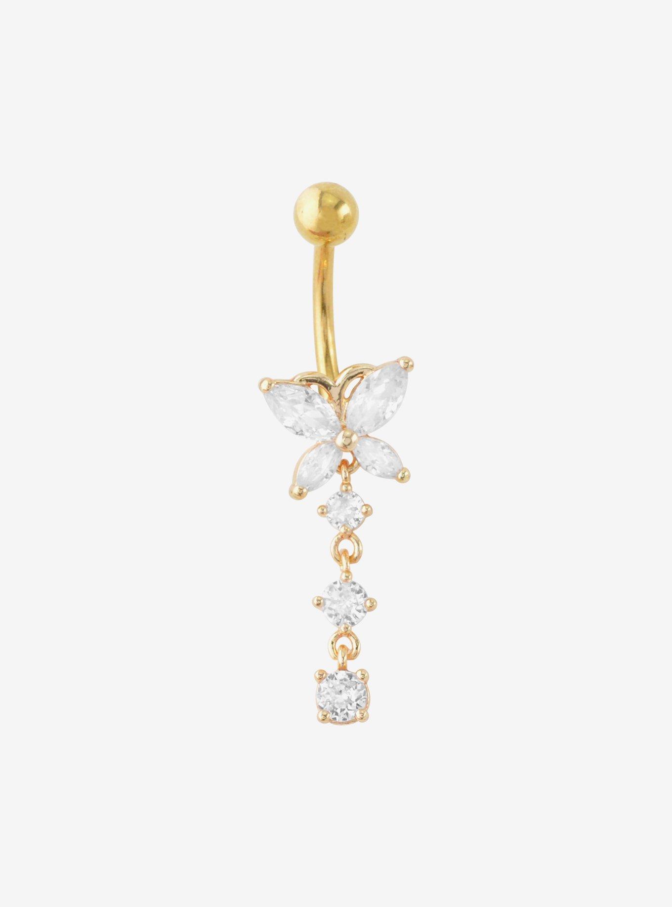 14G Steel Gold Bling Butterfly Navel Barbell, , hi-res