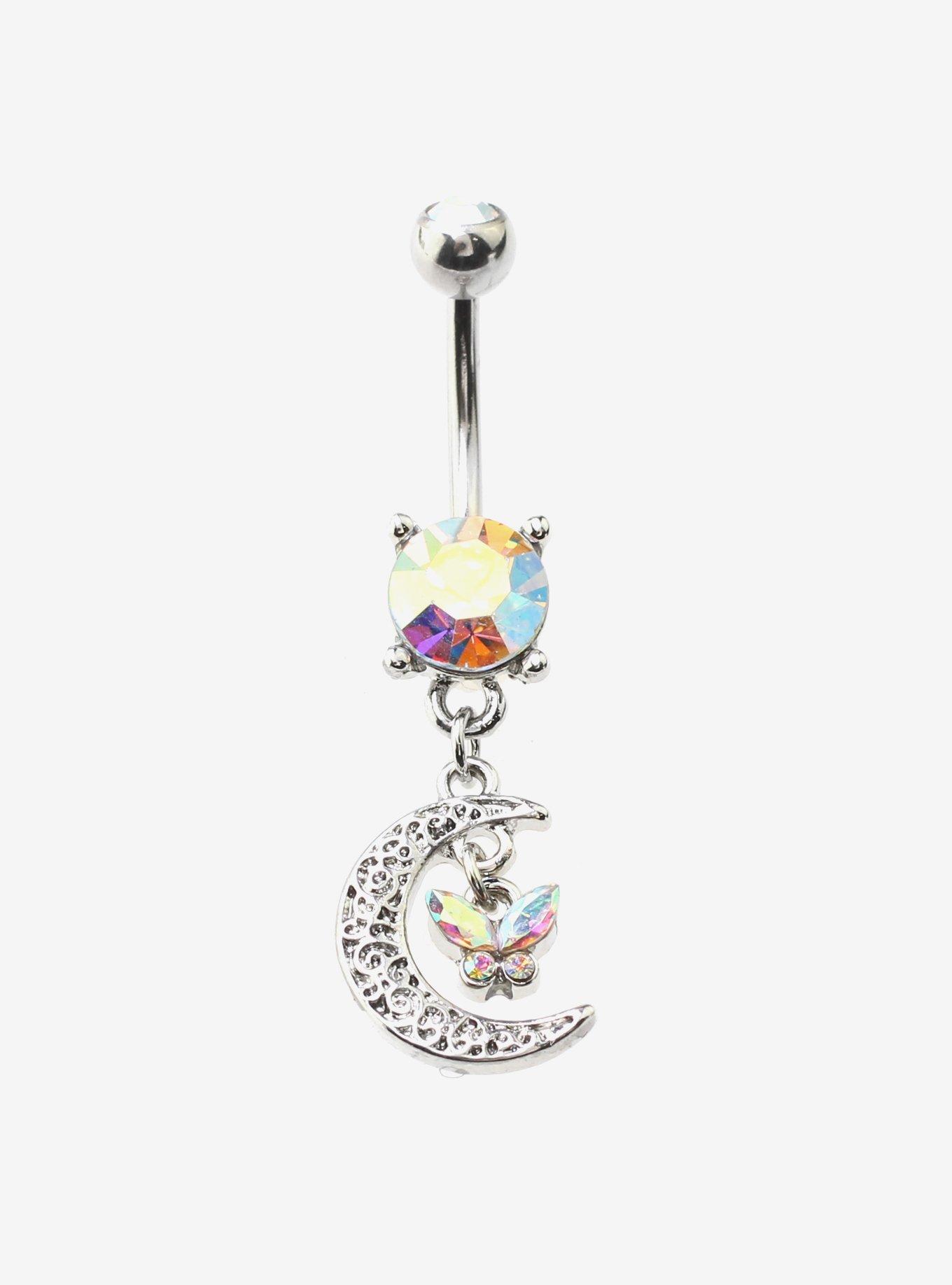 14G Steel Moon Butterfly Bling Navel Barbell, , hi-res