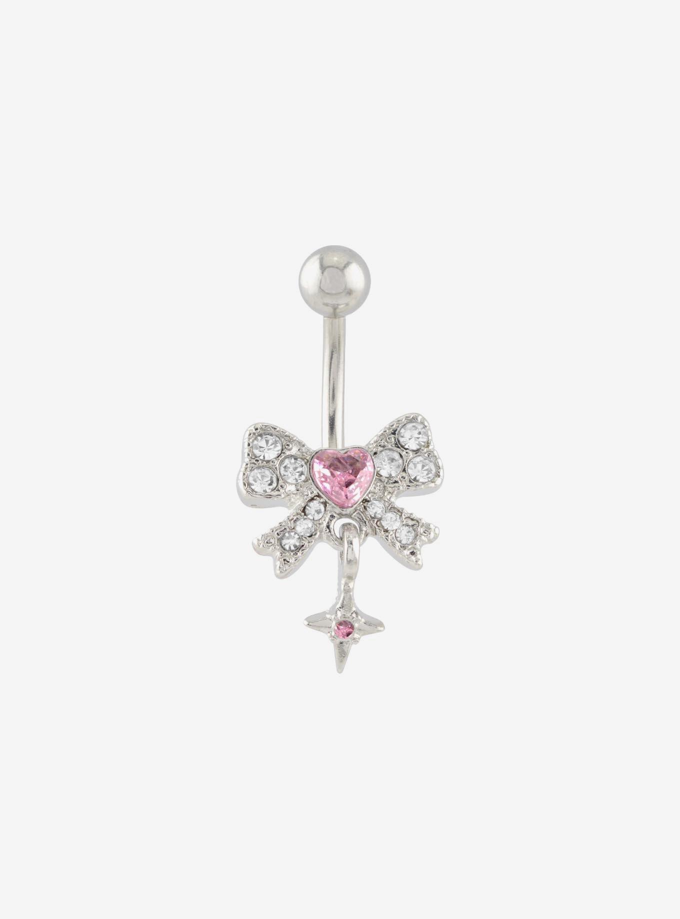 14G Steel Silver Bling Heart Bow Navel Barbell