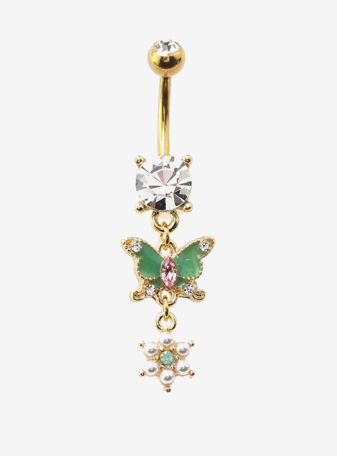 14G Steel Gold Butterfly & Flower Navel Barbell, , hi-res
