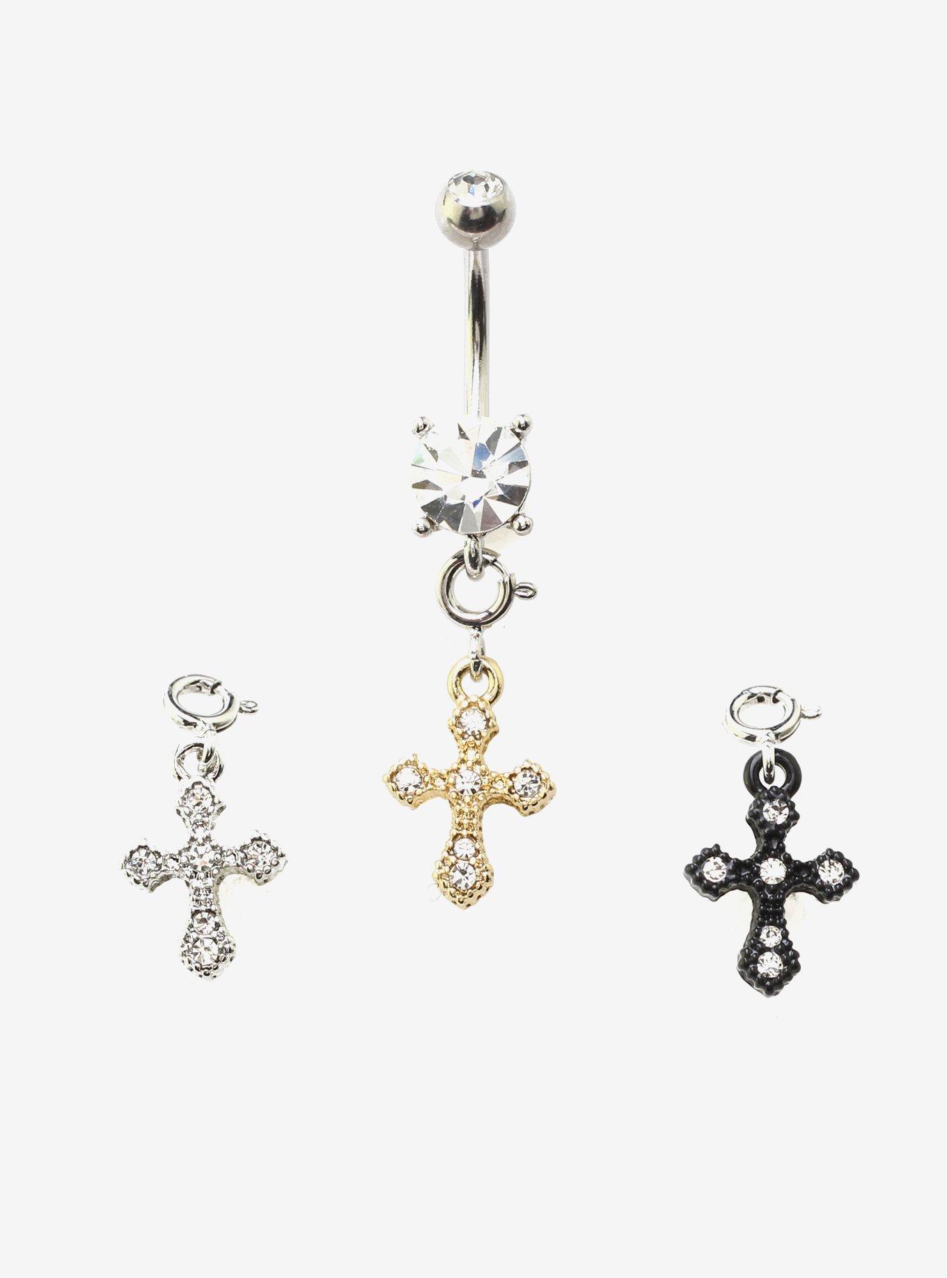 14G Steel Bling Cross Navel Barbell With Interchangeable Charms 4 Pack, , hi-res