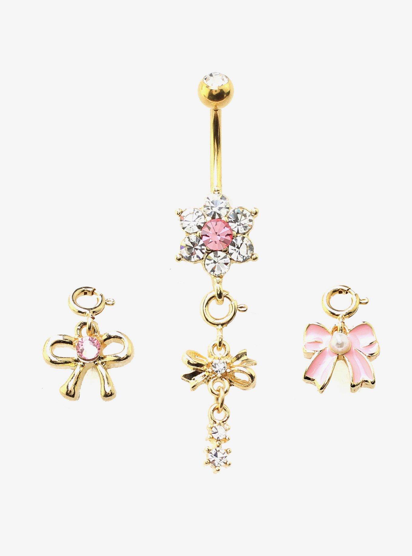 14G Steel Flower Bow Navel Barbell With Interchangeable Charms 4 Pack, , hi-res