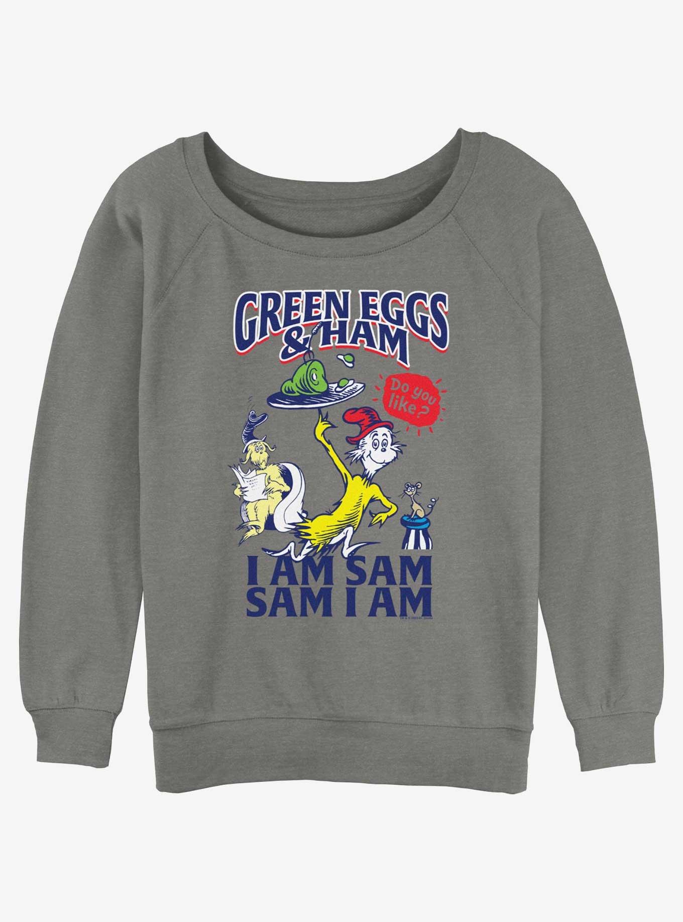 Dr. Seuss I Am Sam Green Eggs And Ham Womens Slouchy Sweatshirt, GRAY HTR, hi-res