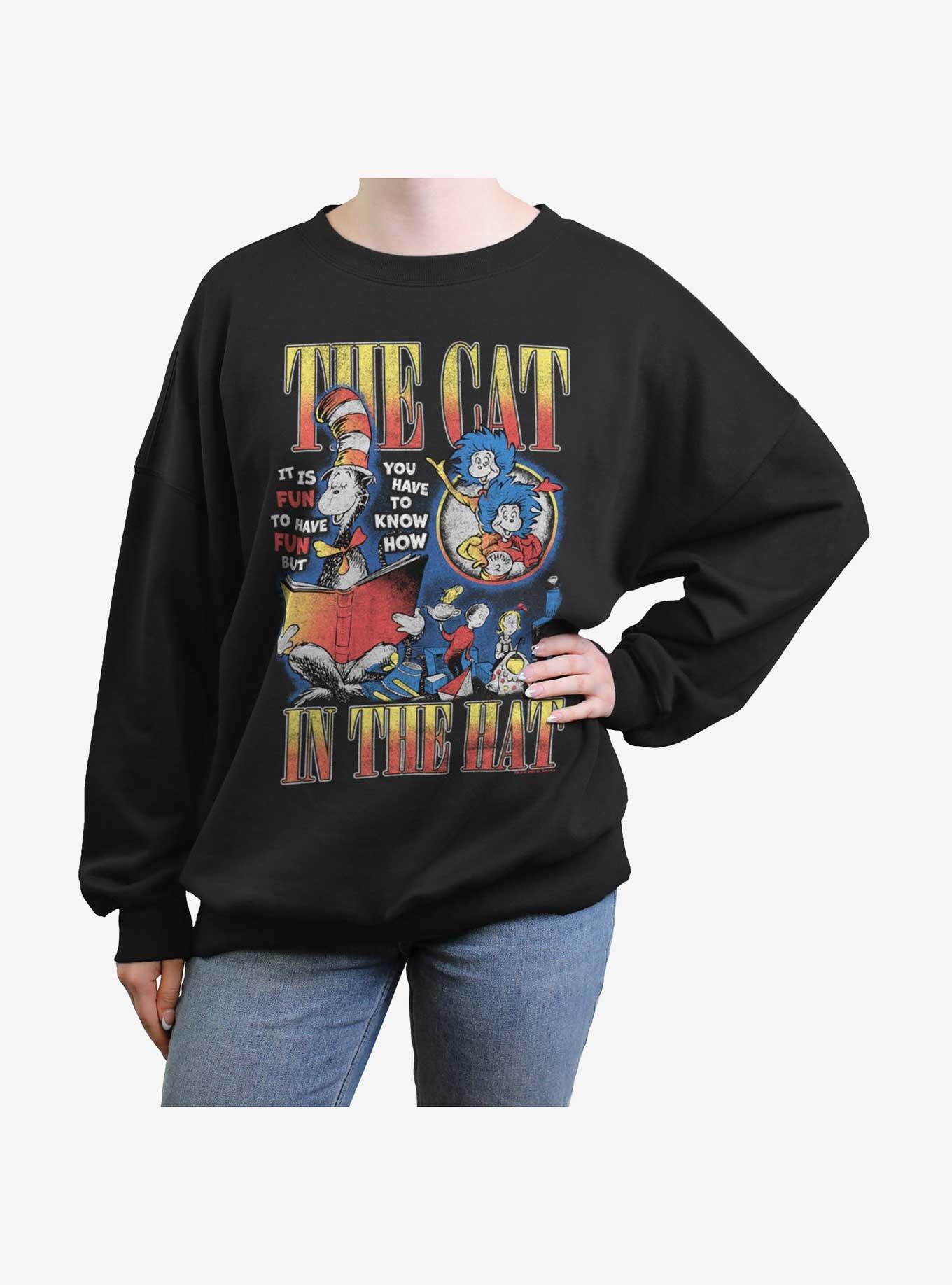 Dr. Seuss The Cat In The Hat Reading Book Womens Oversized Sweatshirt, BLACK, hi-res