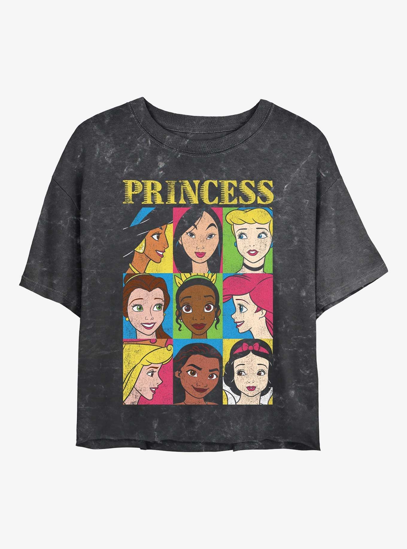 Disney Princesses Nine Box Mineral Wash Womens Crop T-Shirt, BLACK, hi-res
