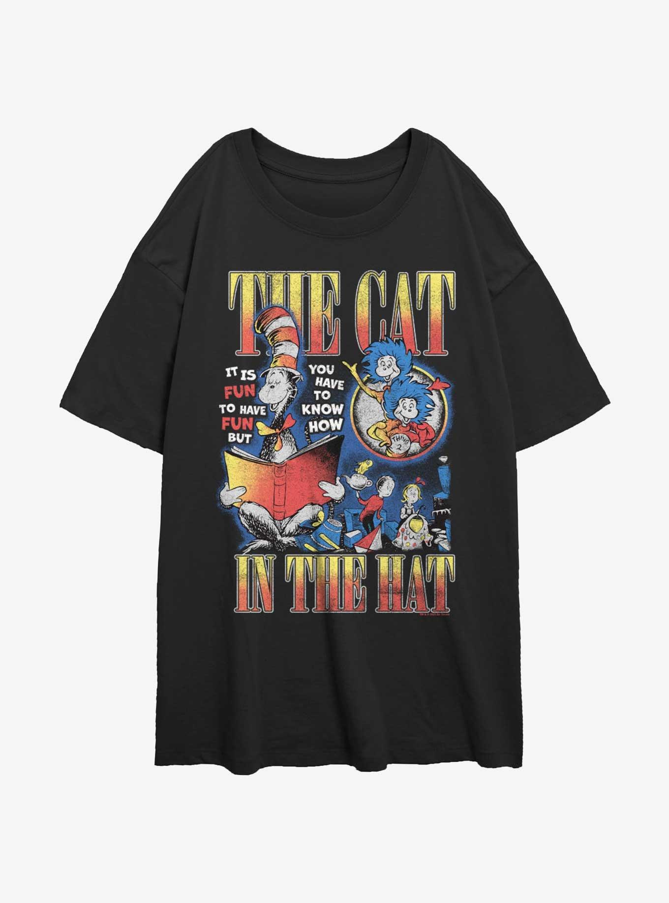 Dr. Seuss The Cat In The Hat Reading Book Womens Oversized T-Shirt, BLACK, hi-res view 1