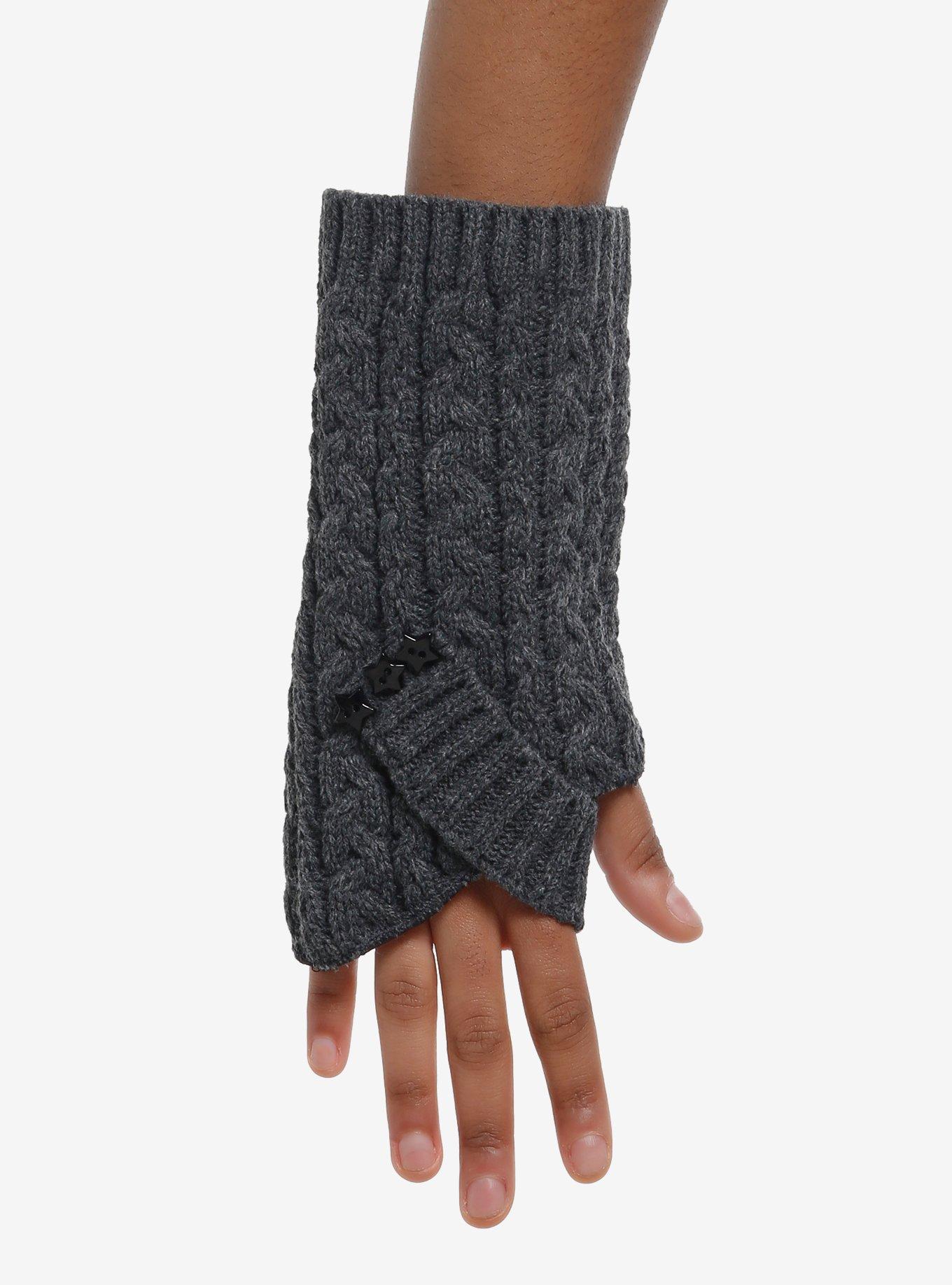 Star Button Grey Cable Knit Short Gloves, , hi-res