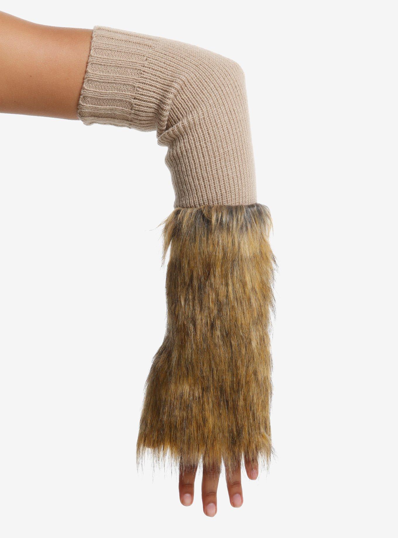 Brown Faux Fur & Beige Knit Arm Warmers, , hi-res