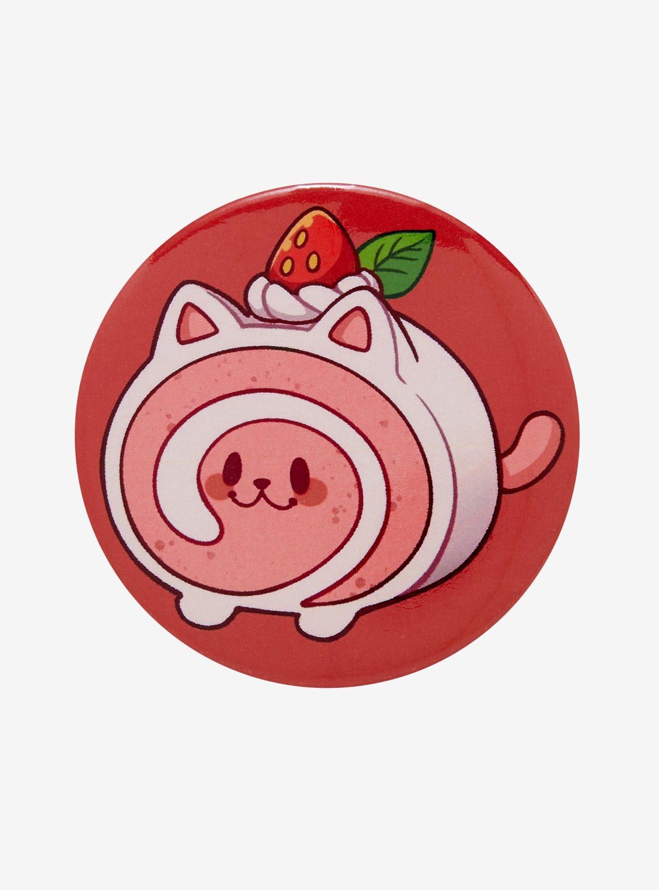 Strawberry Cat Swiss Roll 3 Inch Button By Faith Varvara, , hi-res