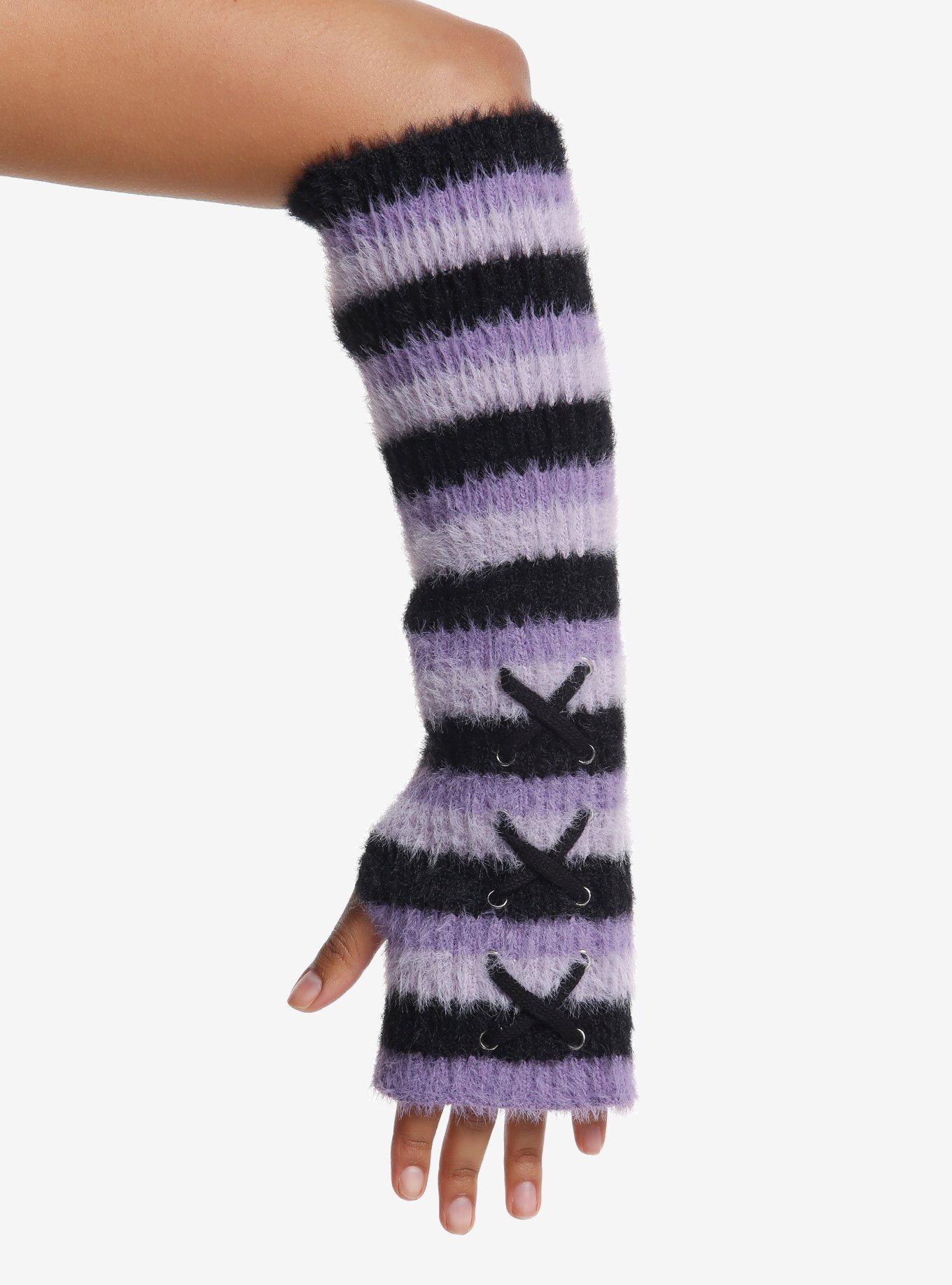 Purple & Black Stripe Fuzzy Arm Warmers, , hi-res