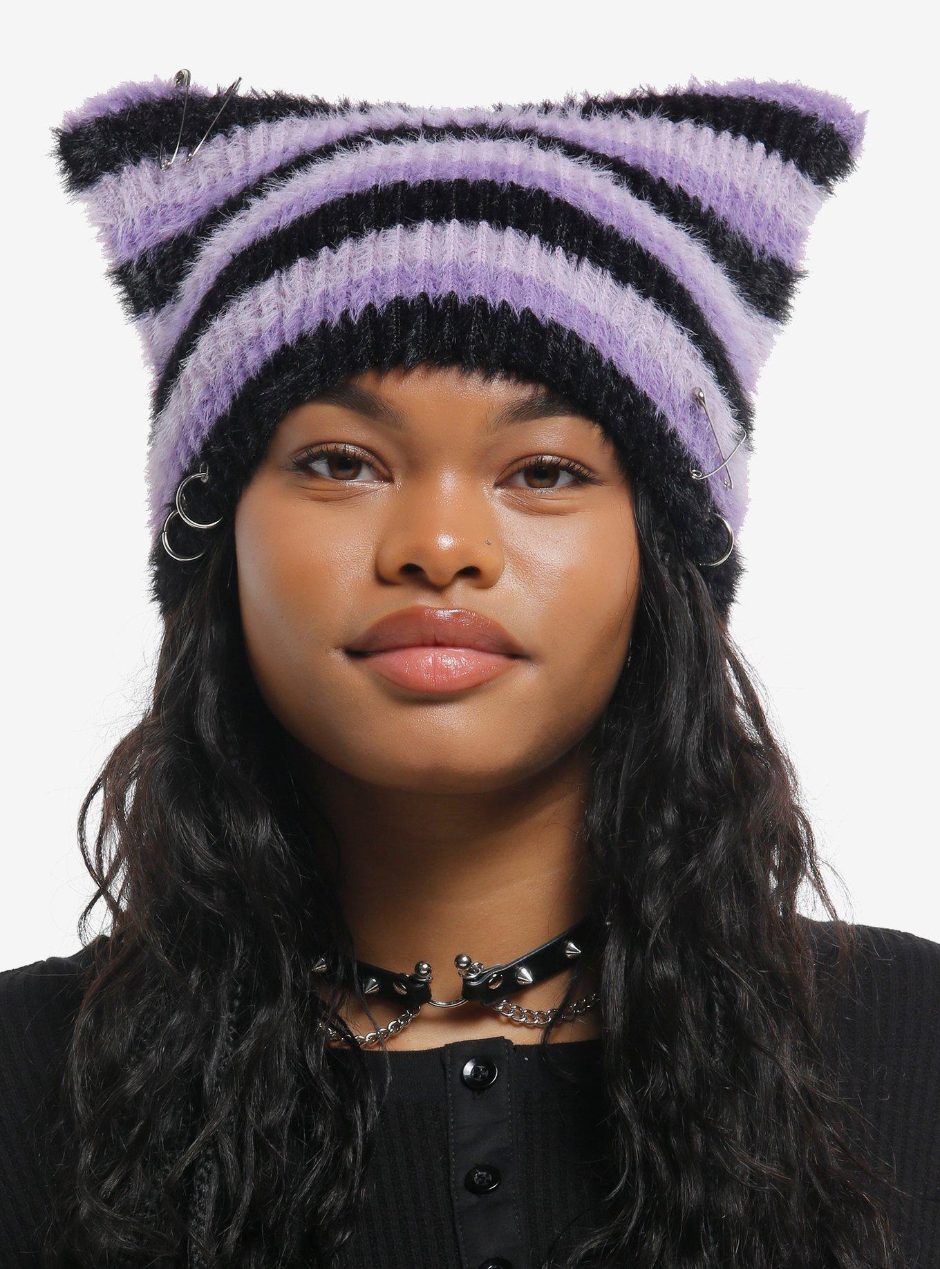 Black & Purple Stripe Fuzzy Pierced Ear Beanie | Hot Topic