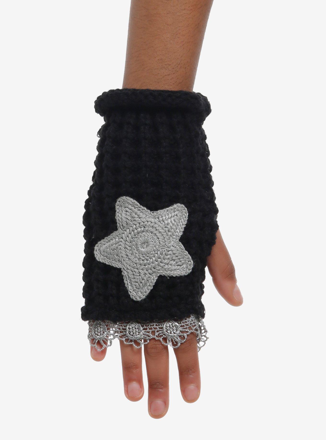 Black & Grey Crochet Star Fingerless Gloves, , hi-res