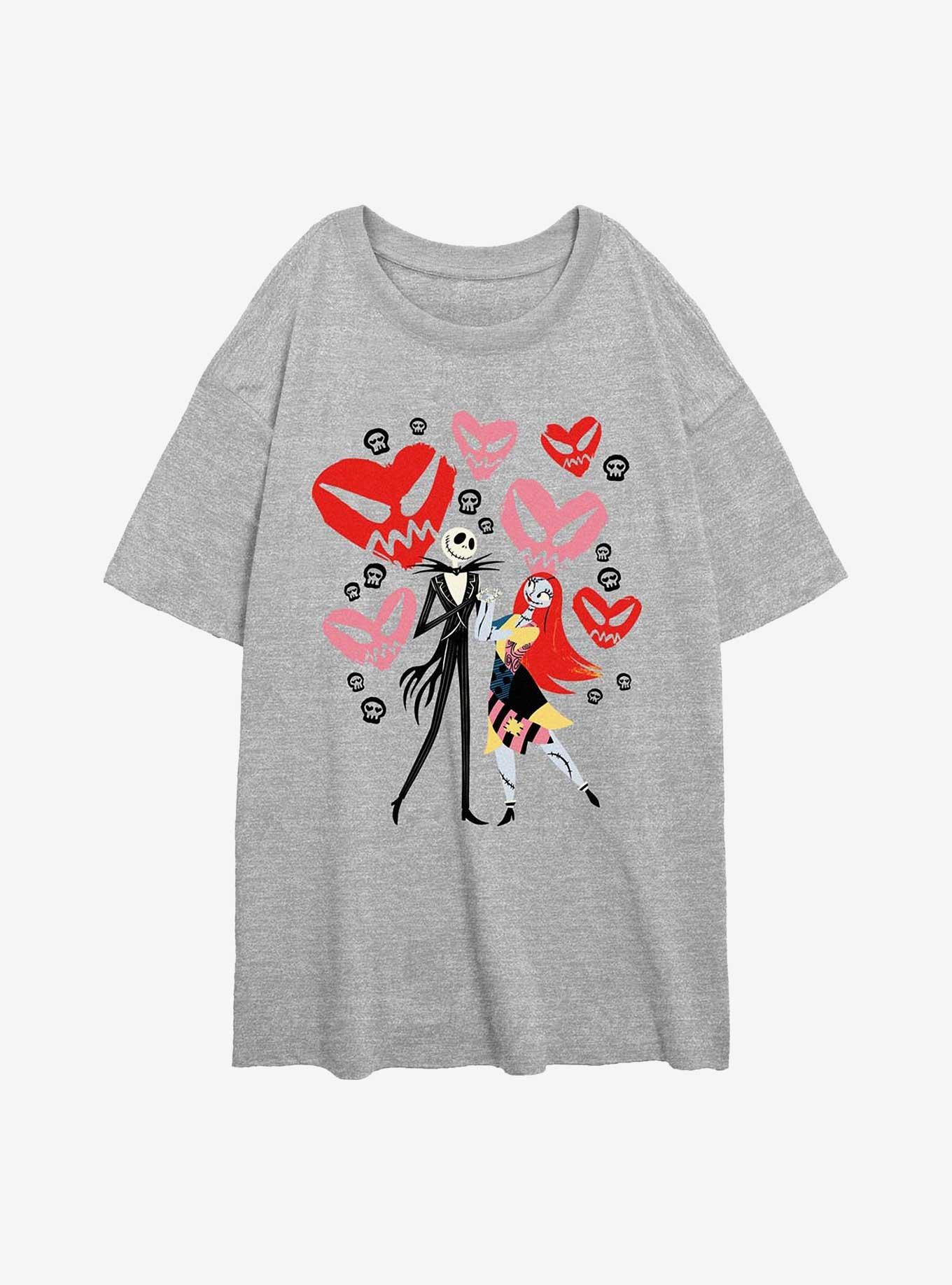 The Nightmare Before Christmas Jack & Sally Creepy Hearts Girls Oversized T-Shirt, ATH HTR, hi-res