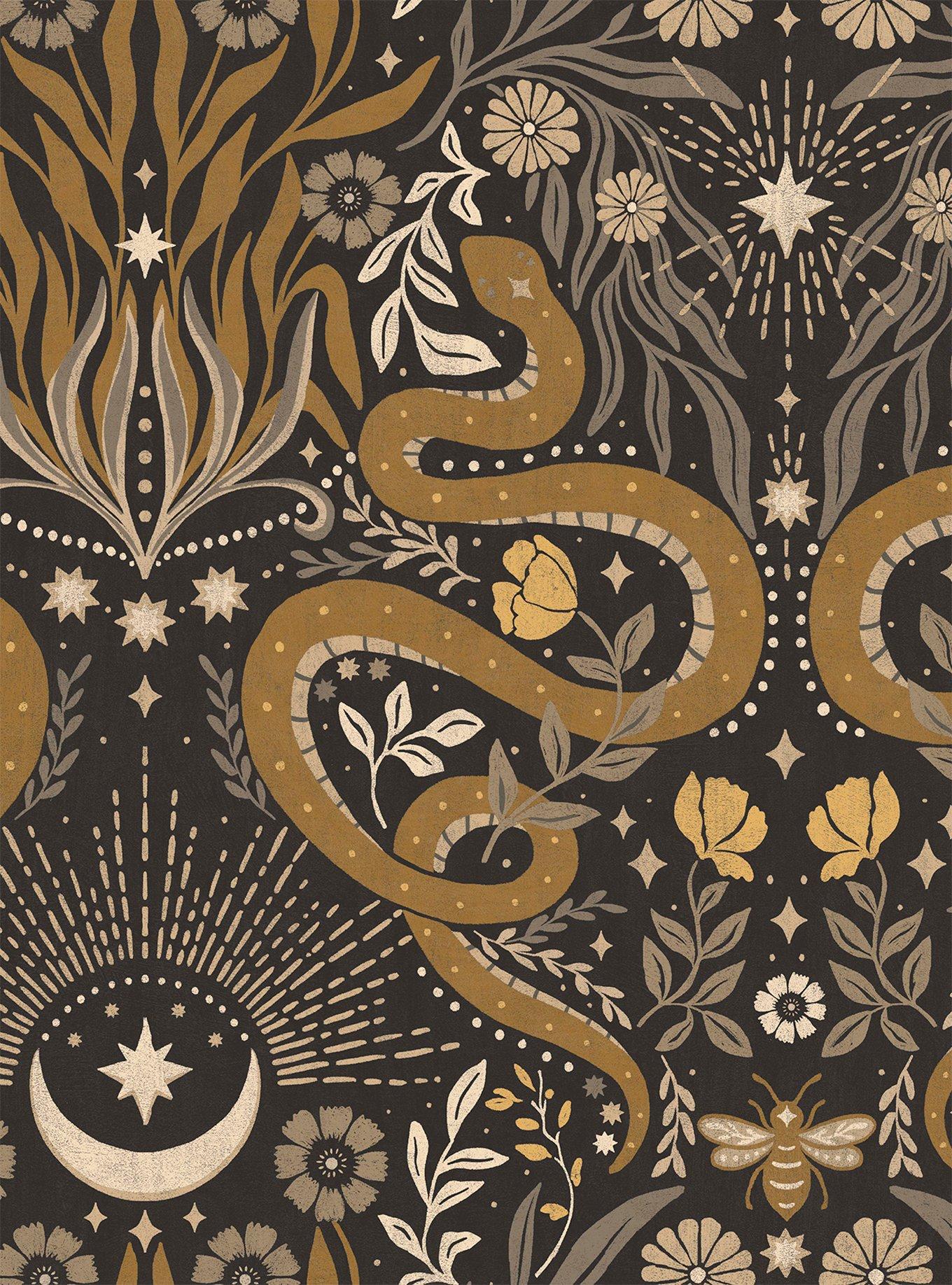 Mystic Serpent Black Gold Peel & Stick Wallpaper, , hi-res
