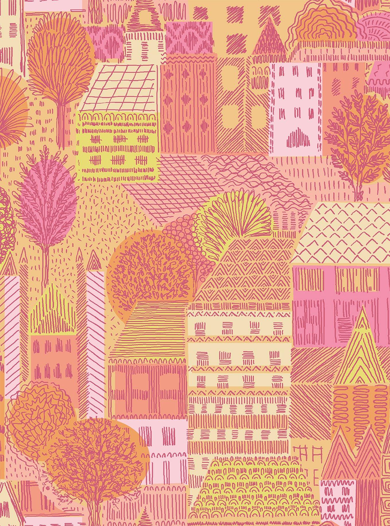Charming Village Pink and Orange Peel & Stick Wallpaper, , hi-res