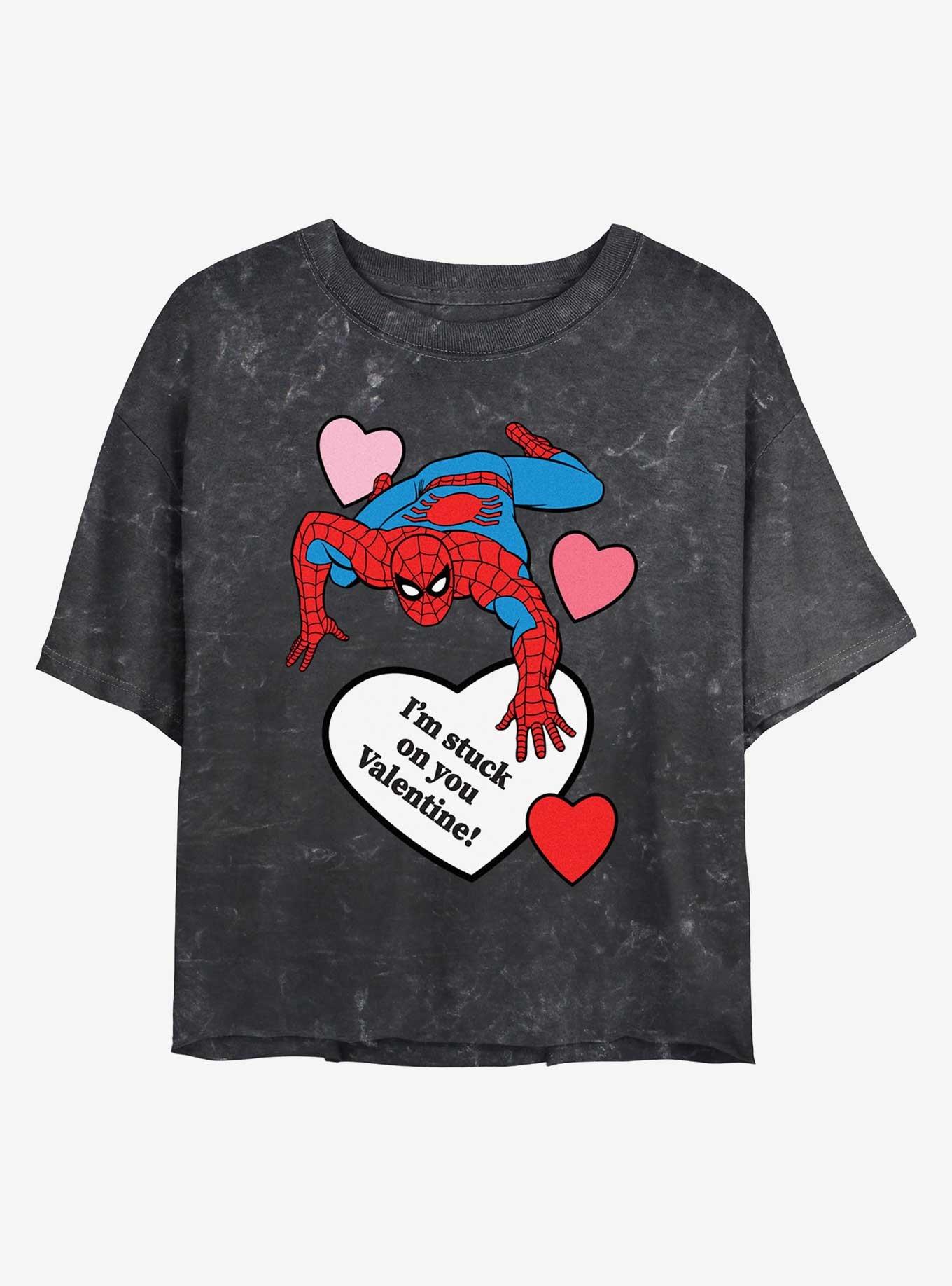 Marvel Spiderman Im Stuck On You Valentine Mineral Wash Womens Crop T-Shirt, , hi-res