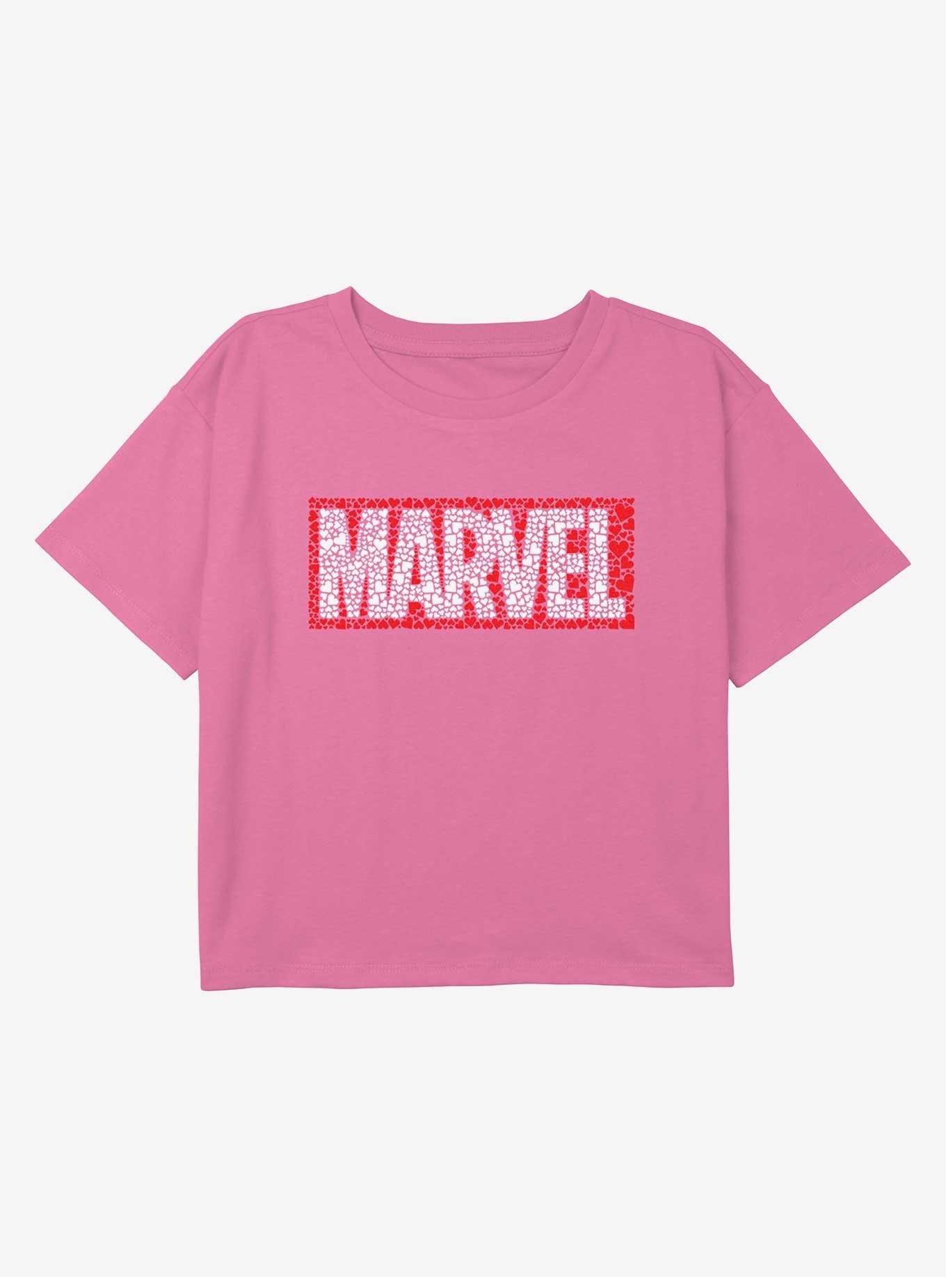 完売 meravel logo T-shirt ミーラベル ロゴTシャツ ピンク Marvel Avengers Hearts Marvel Logo Youth Girls Boxy Crop T-Shirt