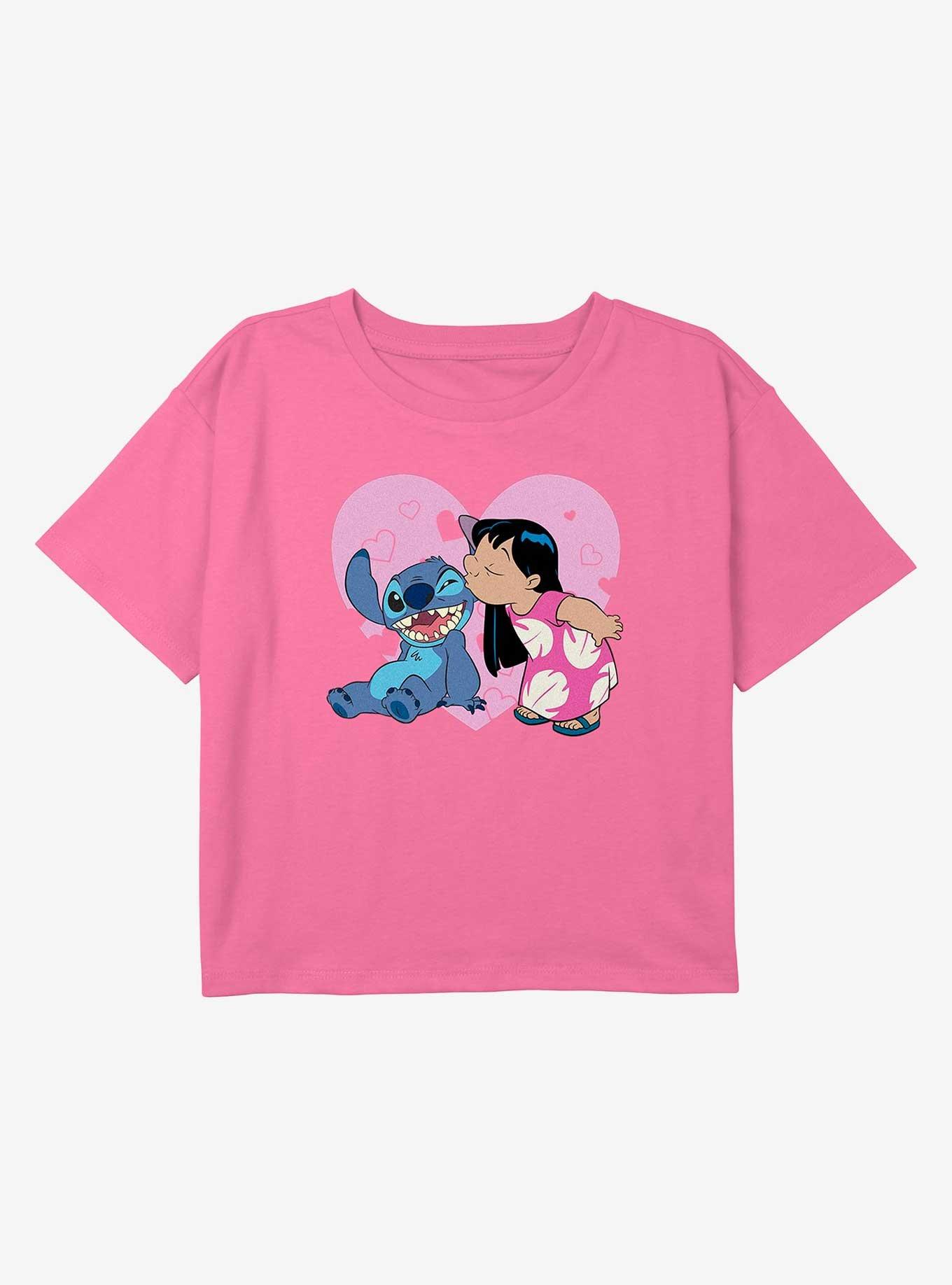 Disney Lilo & Stitch Heart Kisses Youth Girls Boxy Crop T-Shirt, PINK, hi-res