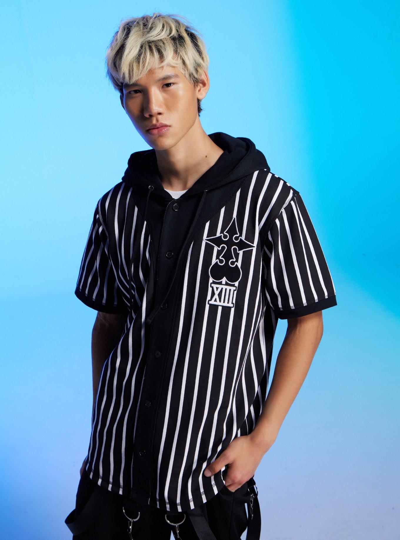 Our Universe Disney Kingdom Hearts Organization XIII Pinstripe Hooded Baseball Jersey, BLACK  WHITE, hi-res