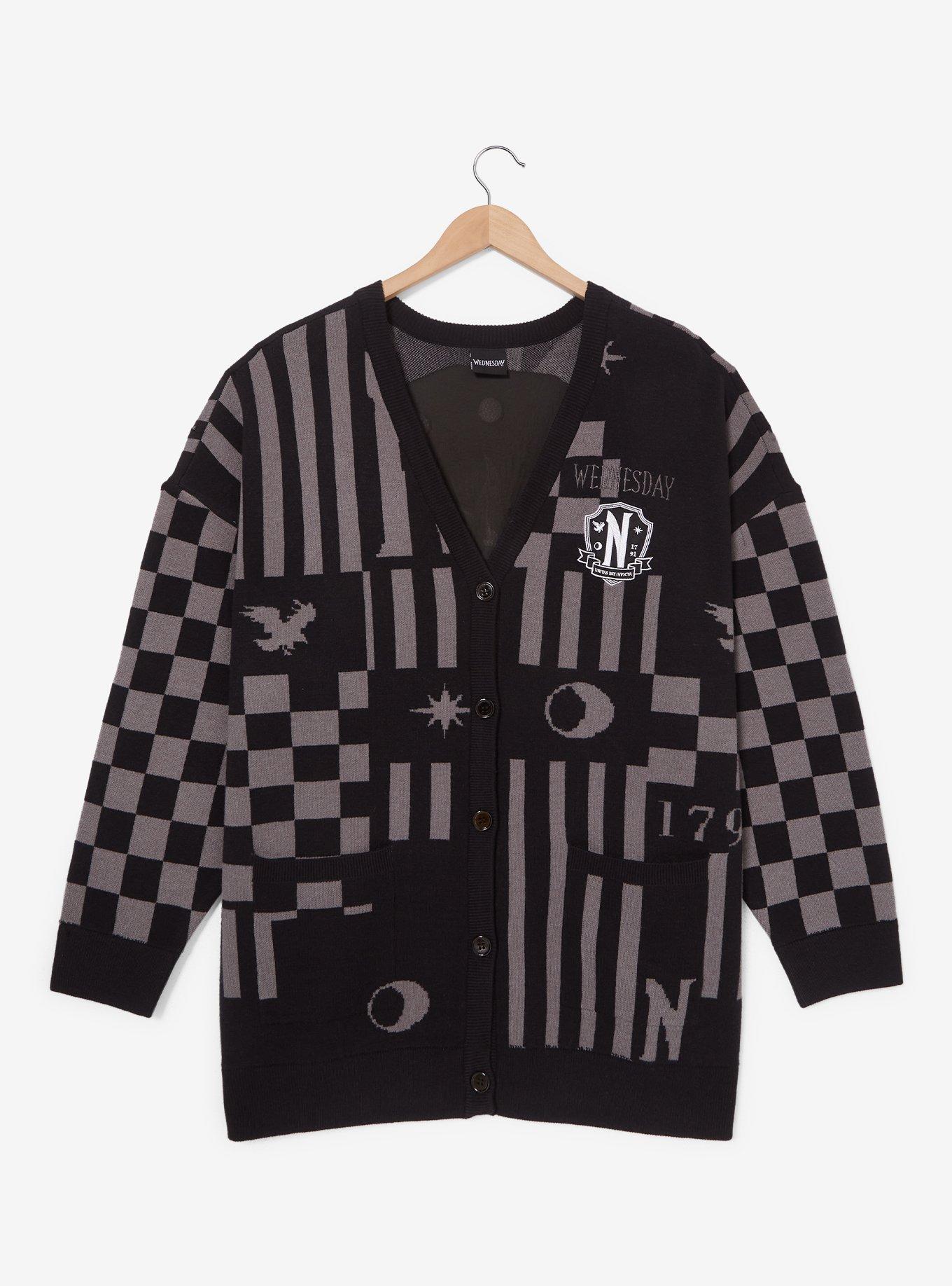 Wednesday Nevermore Icons Women's Plus Size Cardigan - BoxLunch Exclusive, BLACK, hi-res