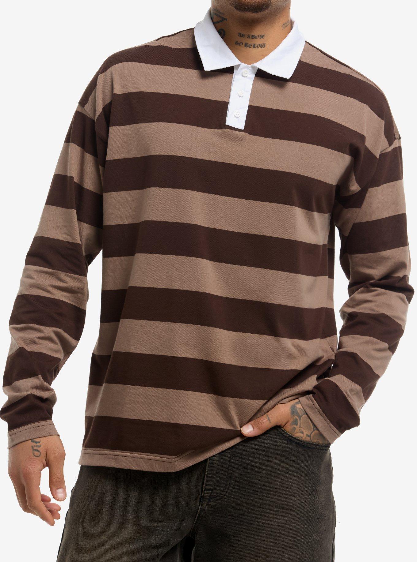 Brown Stripe Long-Sleeve Polo Shirt, , hi-res