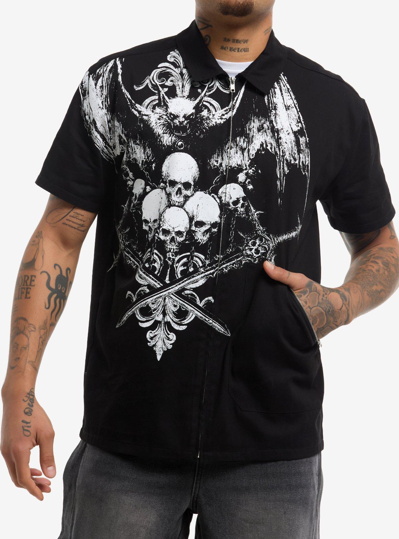 Vampire Bat & Skulls Zip Woven Top, BLACK, hi-res
