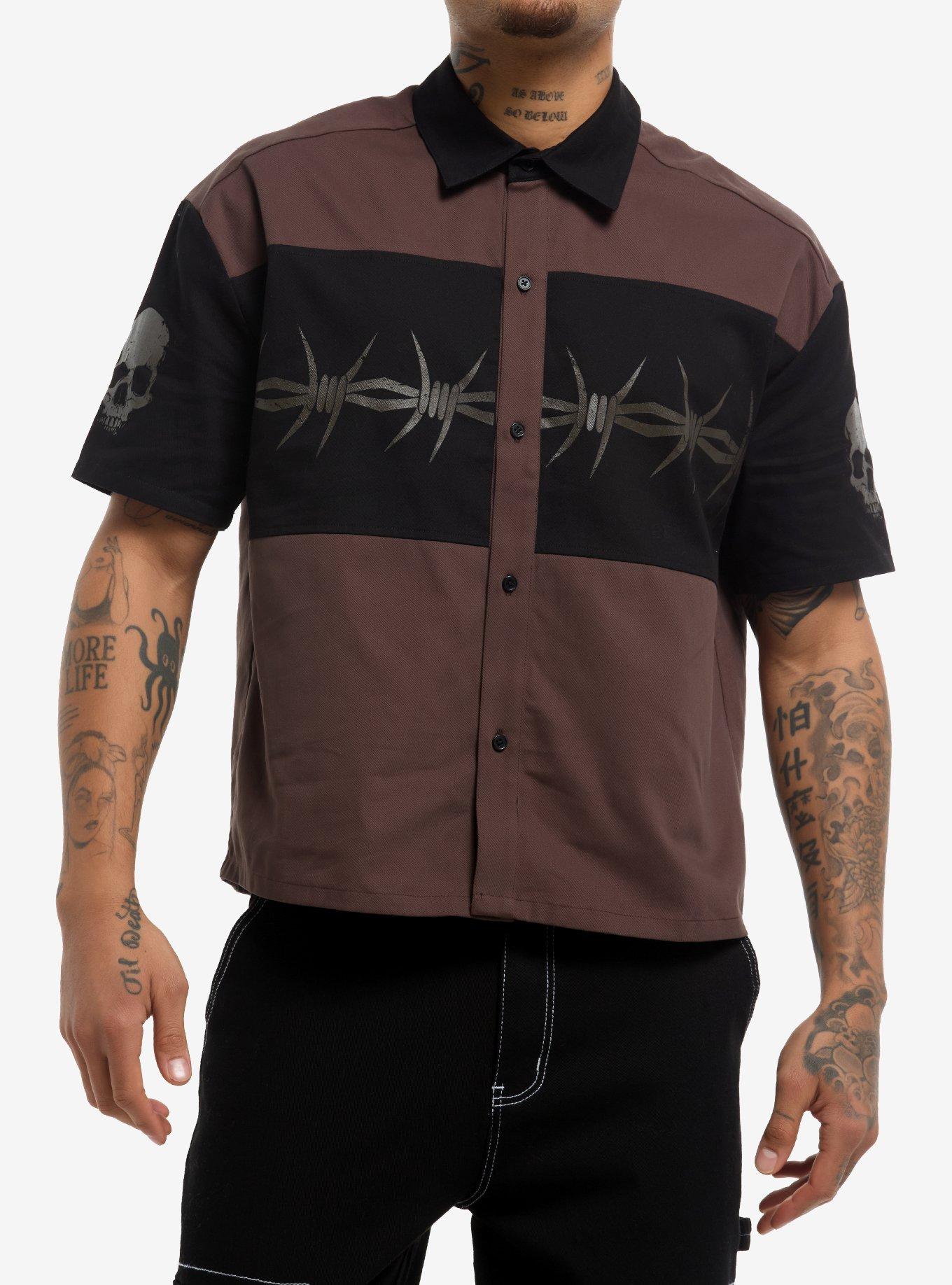 Barb Wire Black & Brown Crop Woven Button-Up, BLACK, hi-res