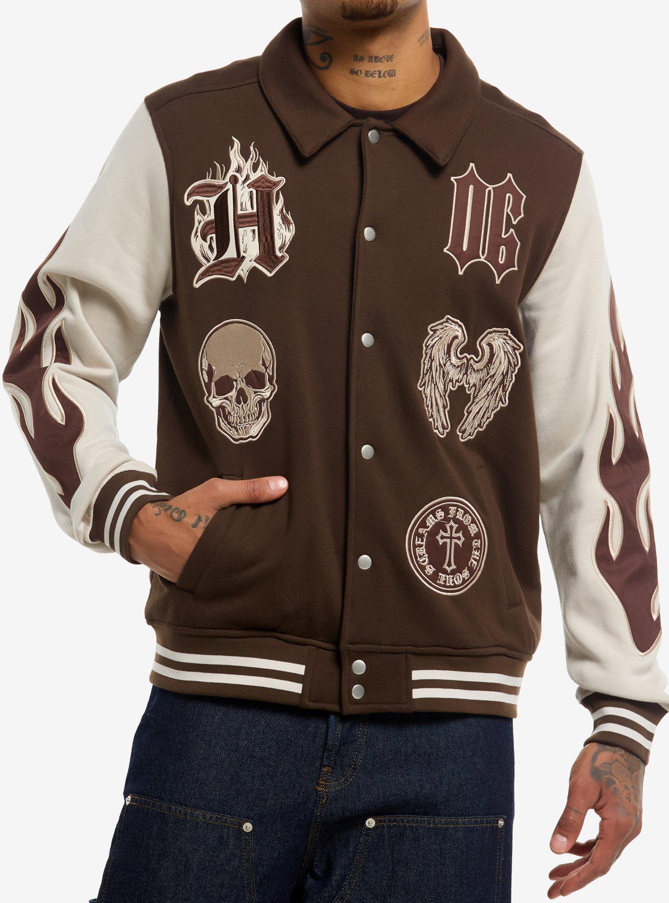 Brown & Cream Skull & Wings Patches Varsity Jacket, , hi-res