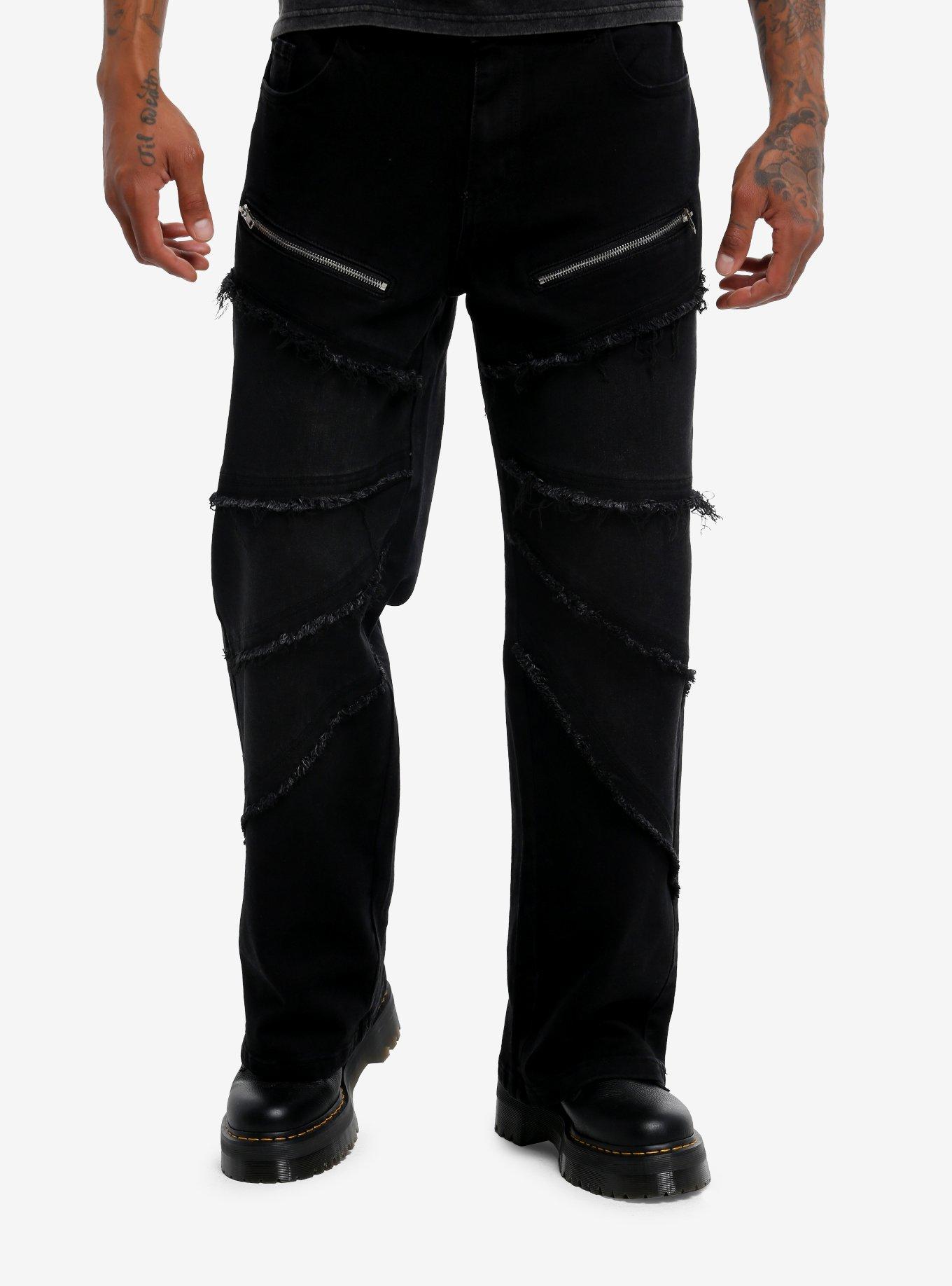 Black Frayed Zipper Straight Leg Jeans, , hi-res