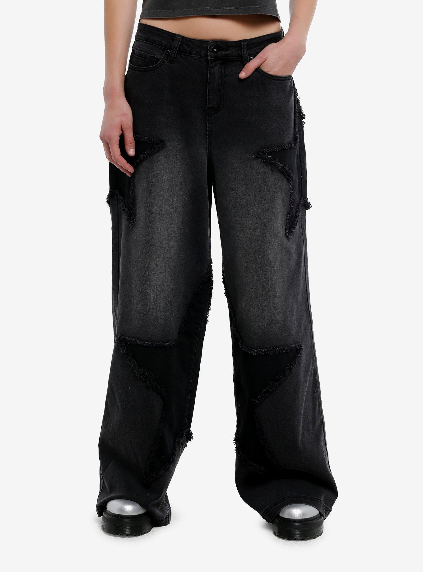 Social Collision Black Star Patch Wide Leg Jeans, , hi-res