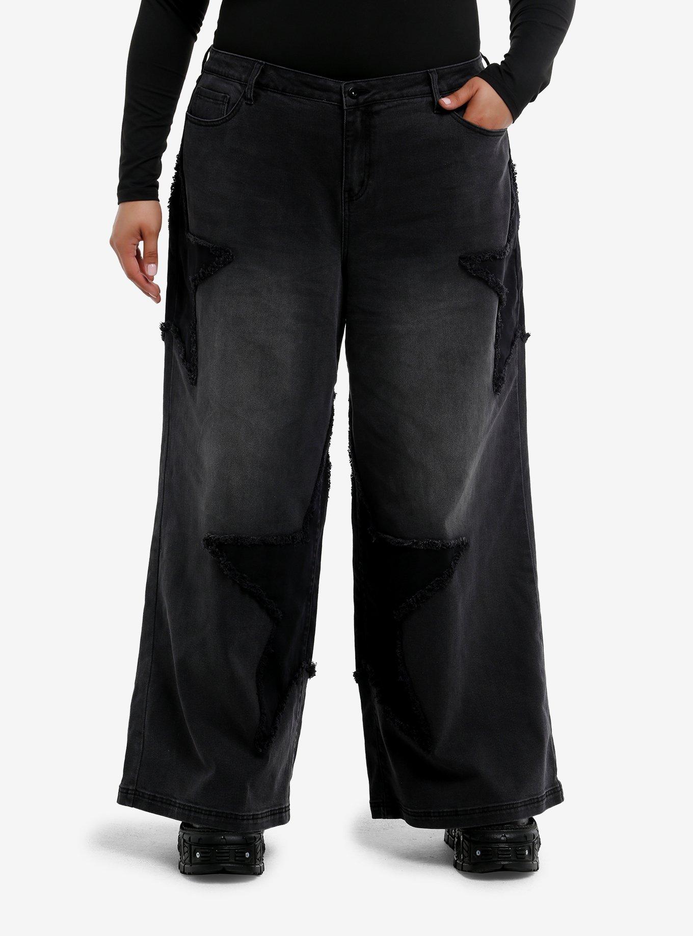 Social Collision Black Star Patch Wide Leg Jeans Plus Size, , hi-res