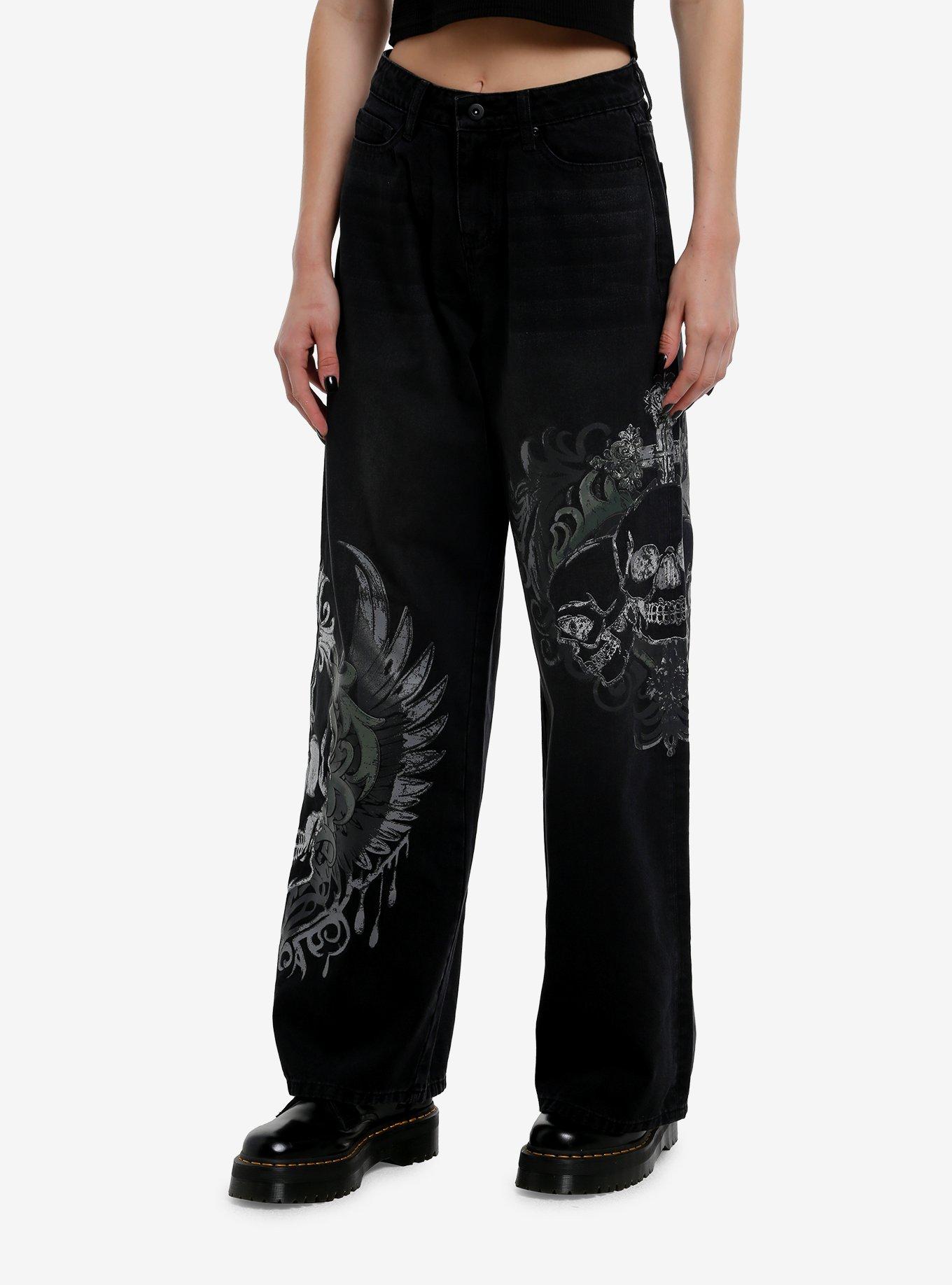 Black Skull Wings High-Rise Wide Leg Jeans, , hi-res
