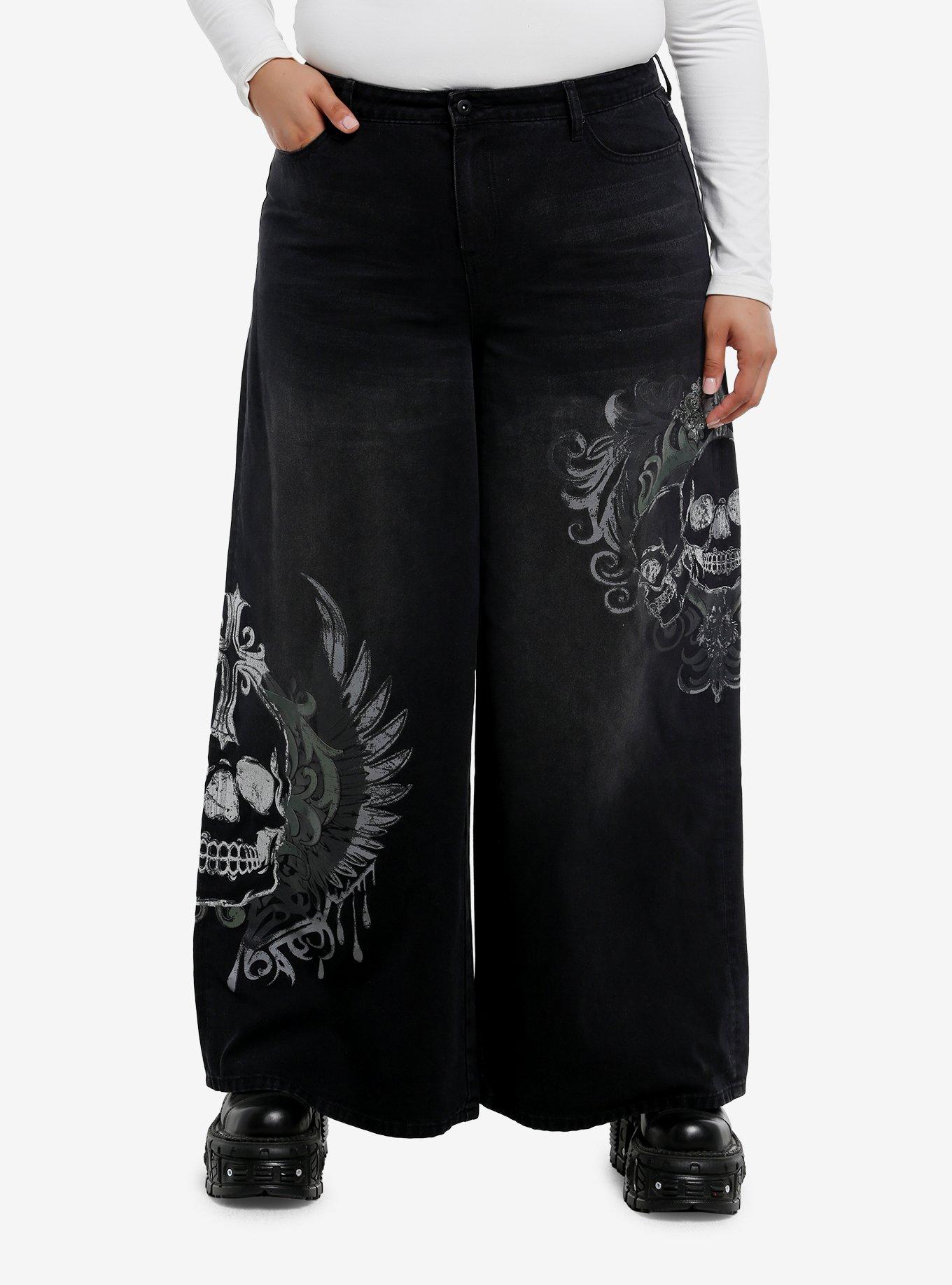 Black Skull Wings High-Rise Wide Leg Jeans Plus Size, , hi-res