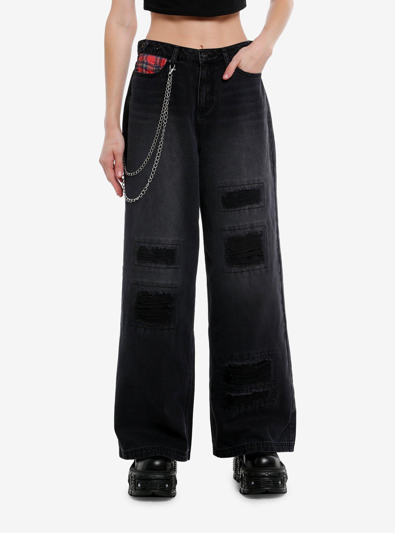 Social Collision Plaid Pocket Black Denim Pants With Side Chain, , hi-res