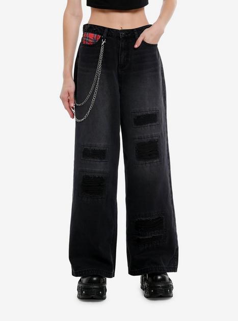 Social Collision Plaid Pocket Black Denim Pants With Side