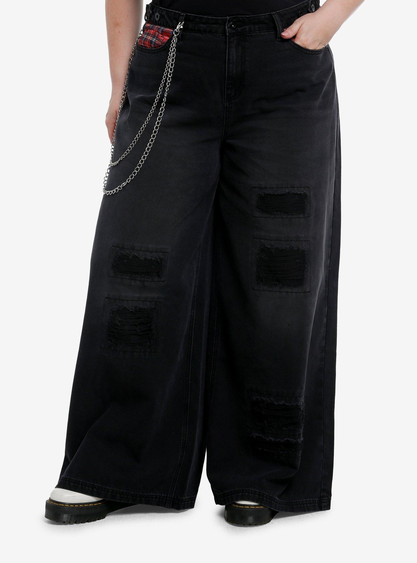 Social Collision Plaid Pocket Black Denim Pants With Side Chain Plus Size, , hi-res
