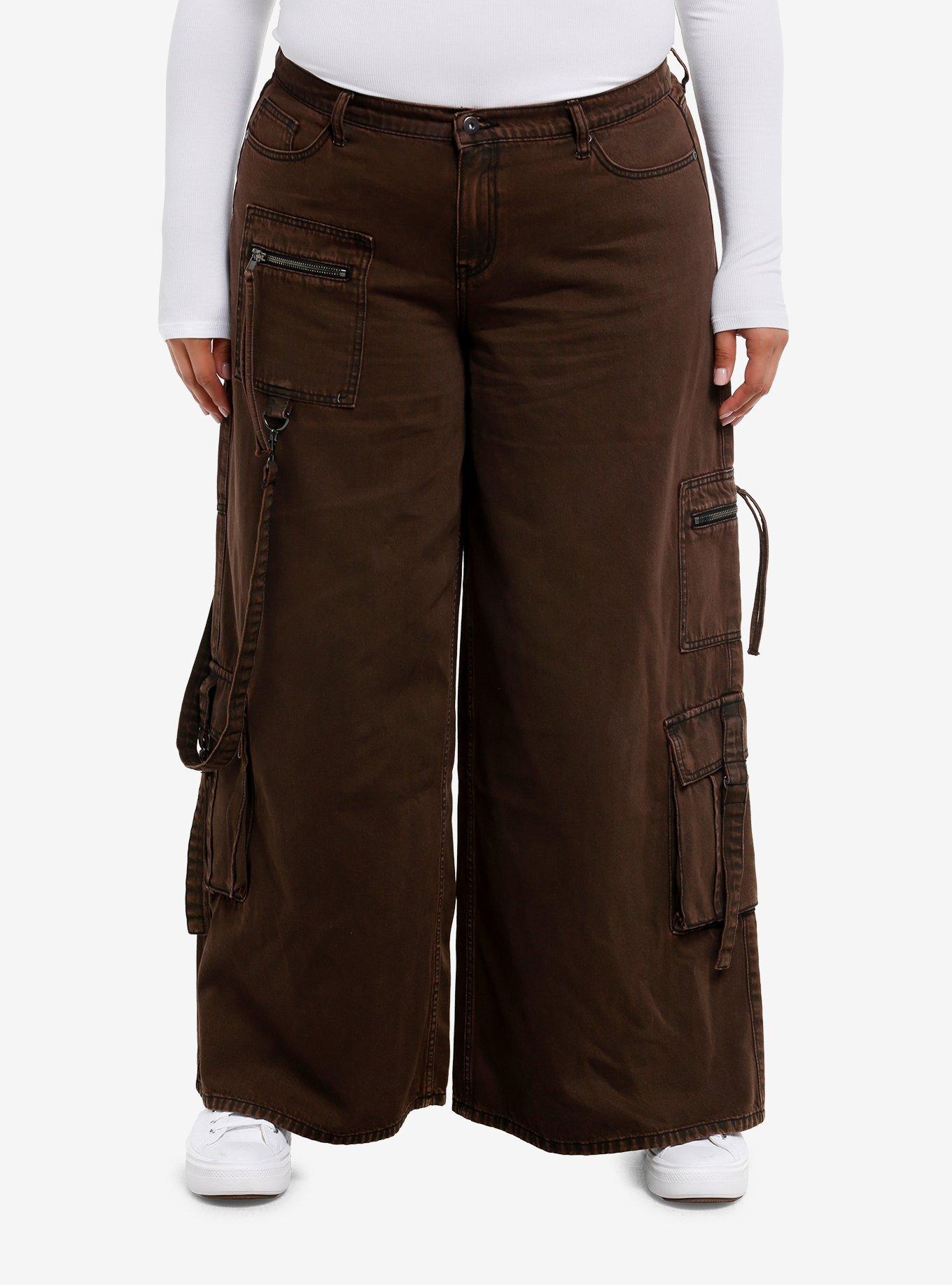 Brown Washed Wide Leg Cargo Pants Plus Size, , hi-res