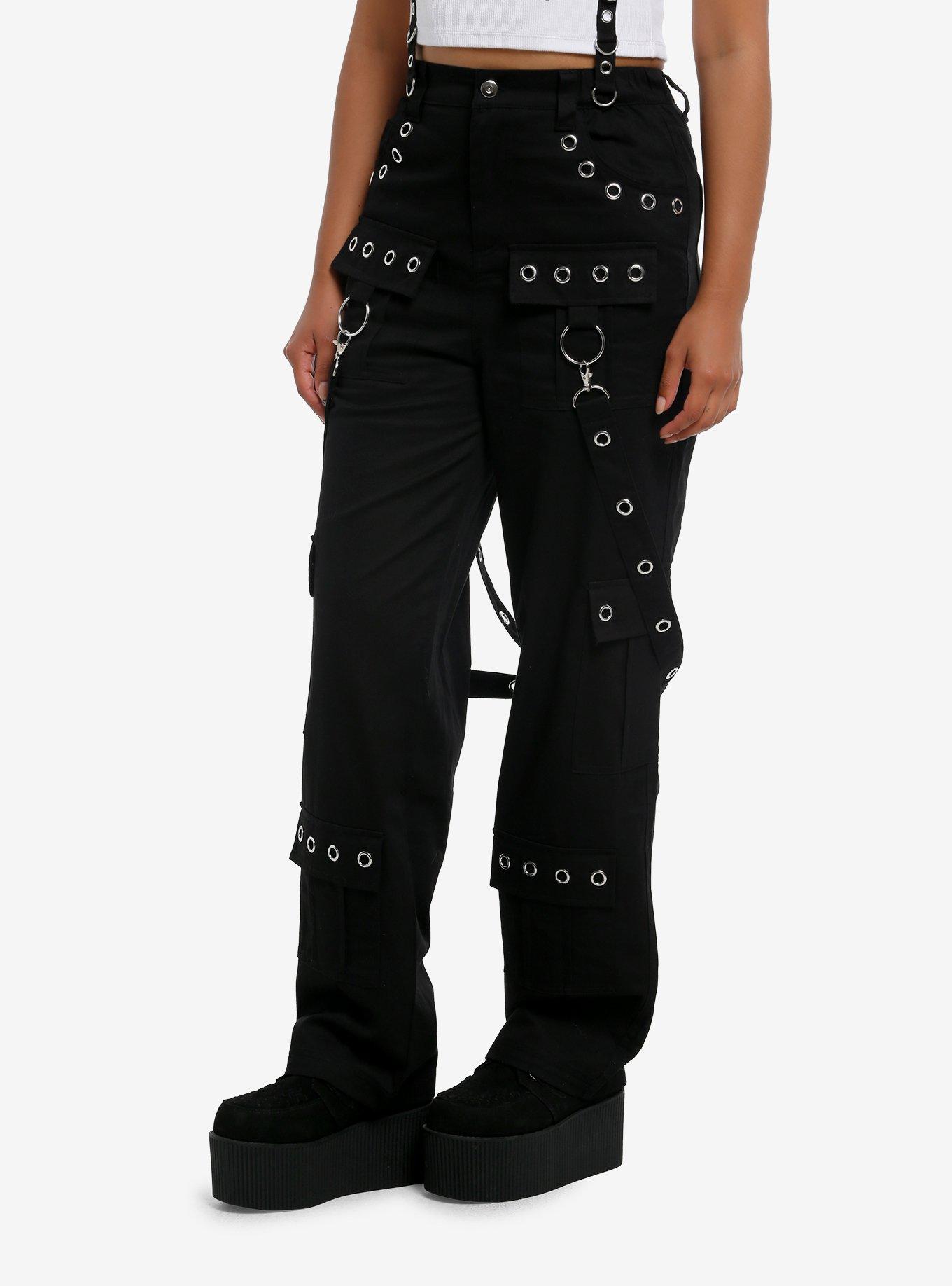 Black Grommet Suspender Wide Leg Pants, , hi-res