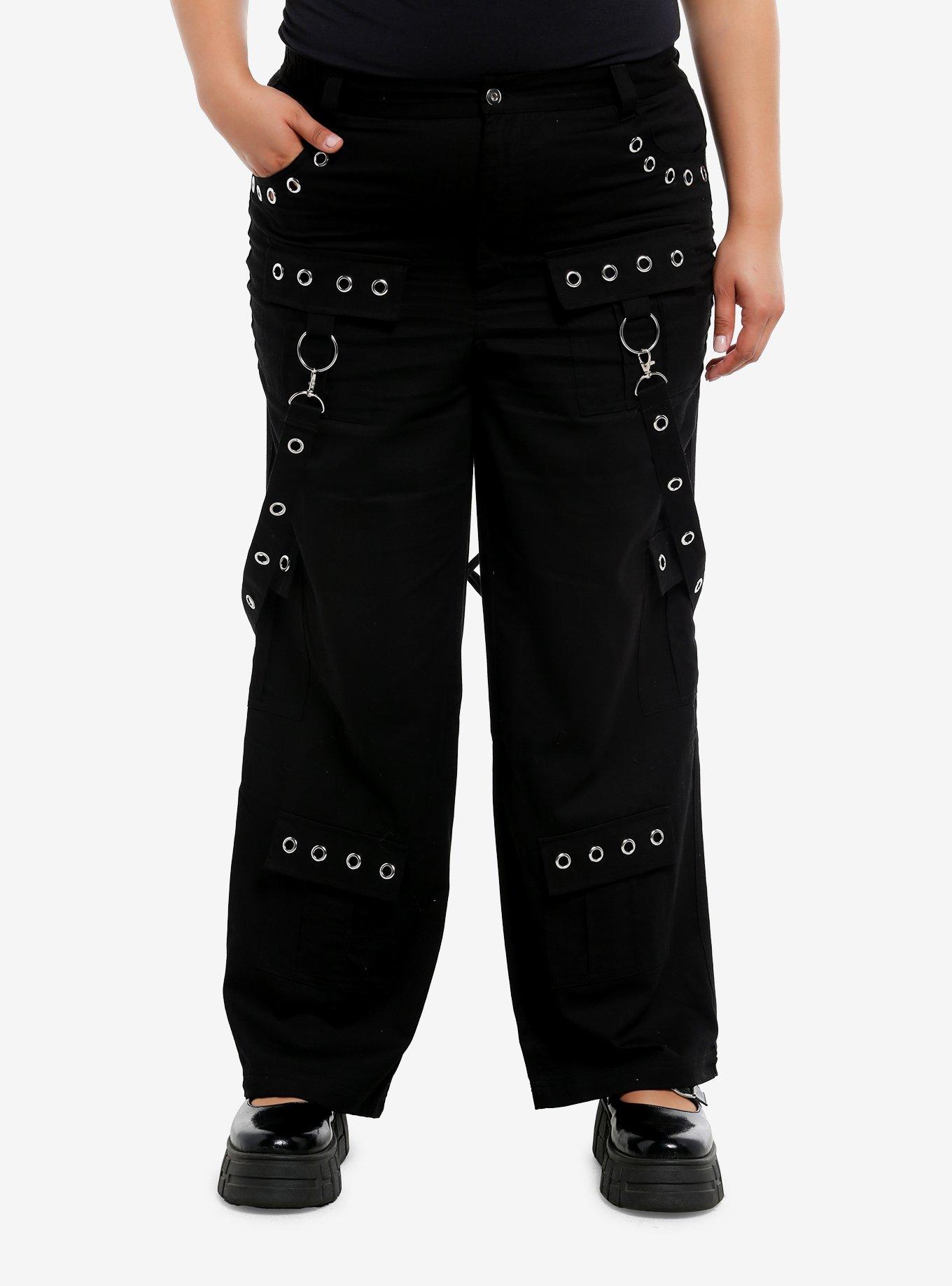 Black Grommet Suspender Wide Leg Pants Plus Size, BLACK, hi-res