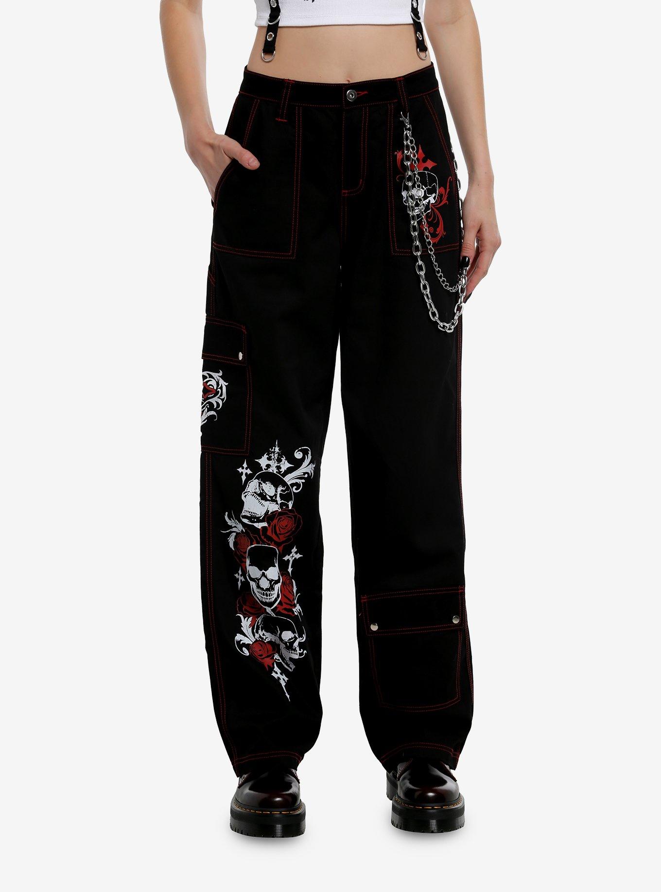 Social Collision Black & Red Contrast Stitch Skull & Chain Wide Leg Cargo Pants, , hi-res