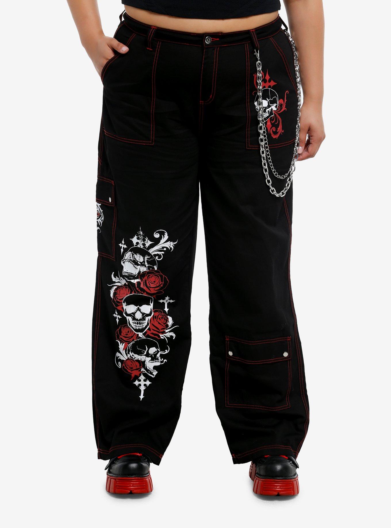 Social Collision Black & Red Contrast Stitch Skull & Chain Wide Leg Cargo Pants Plus Size, , hi-res
